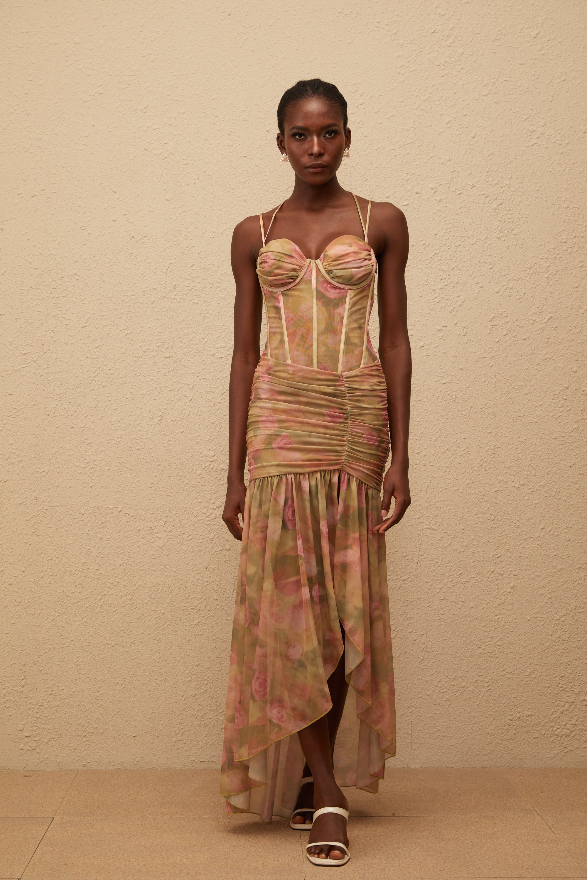 Fleur Green Floral Print Mesh Maxi Dress