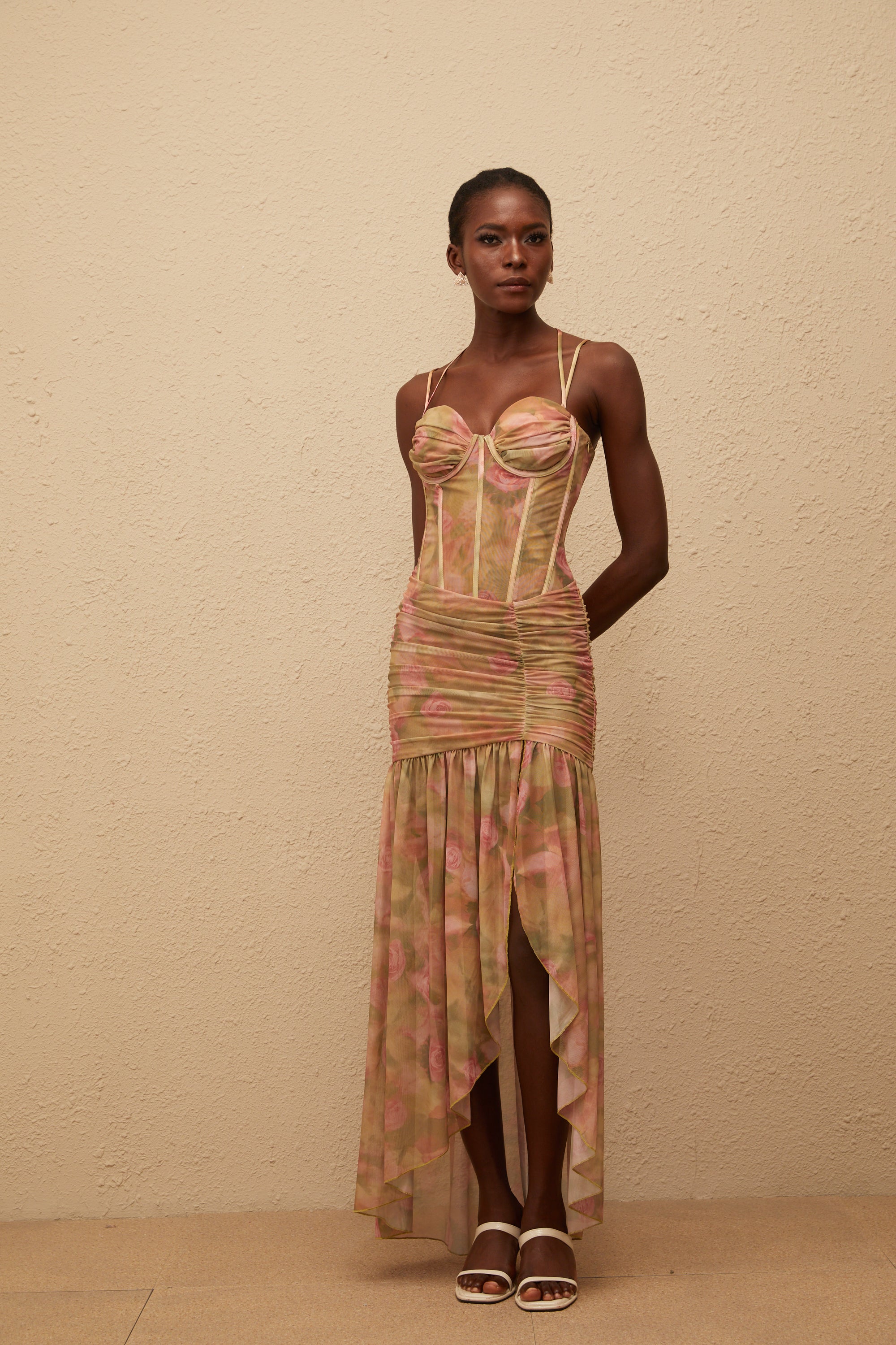Fleur Green Floral Print Mesh Maxi Dress