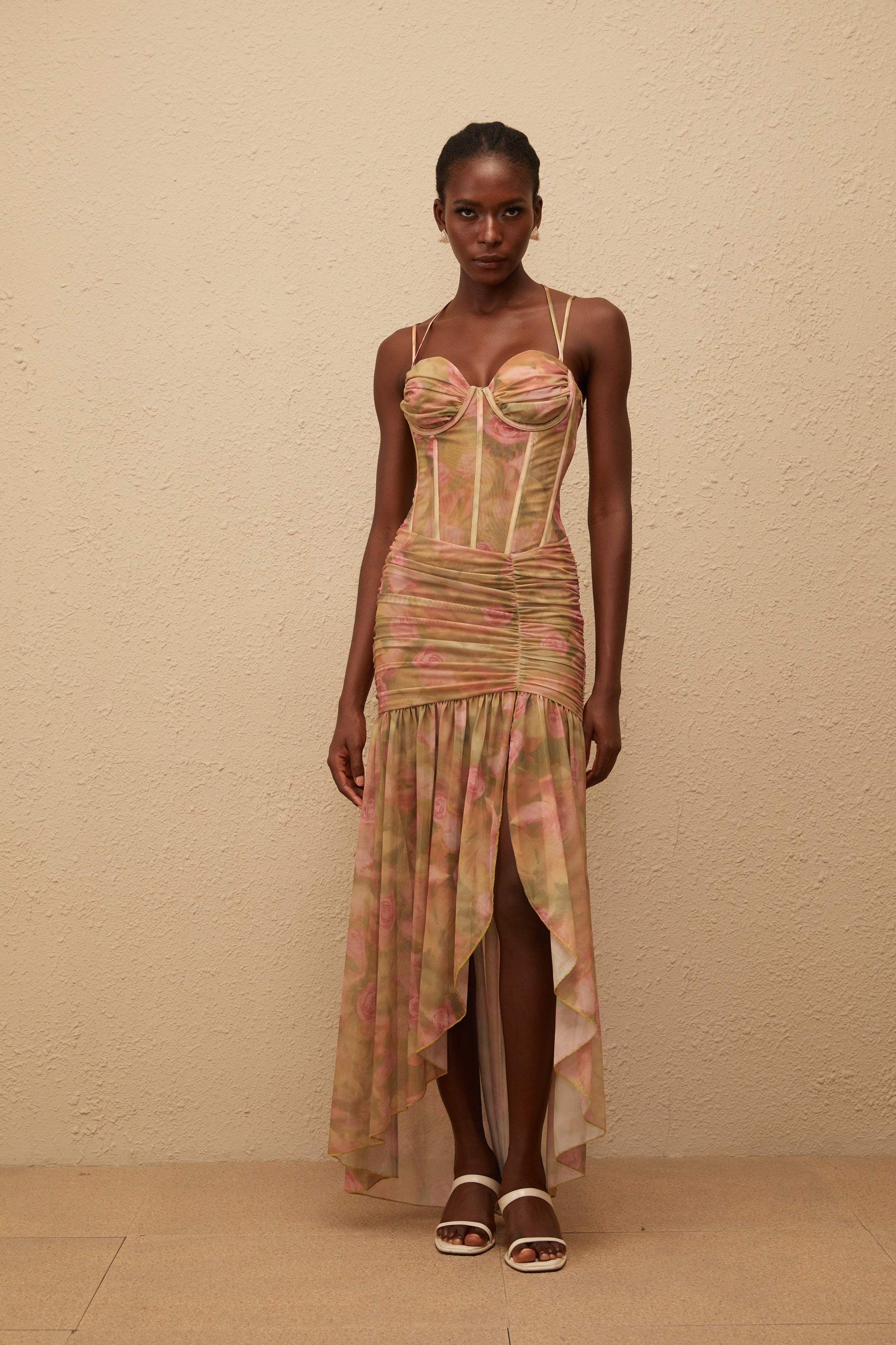 Fleur Green Floral Print Mesh Maxi Dress
