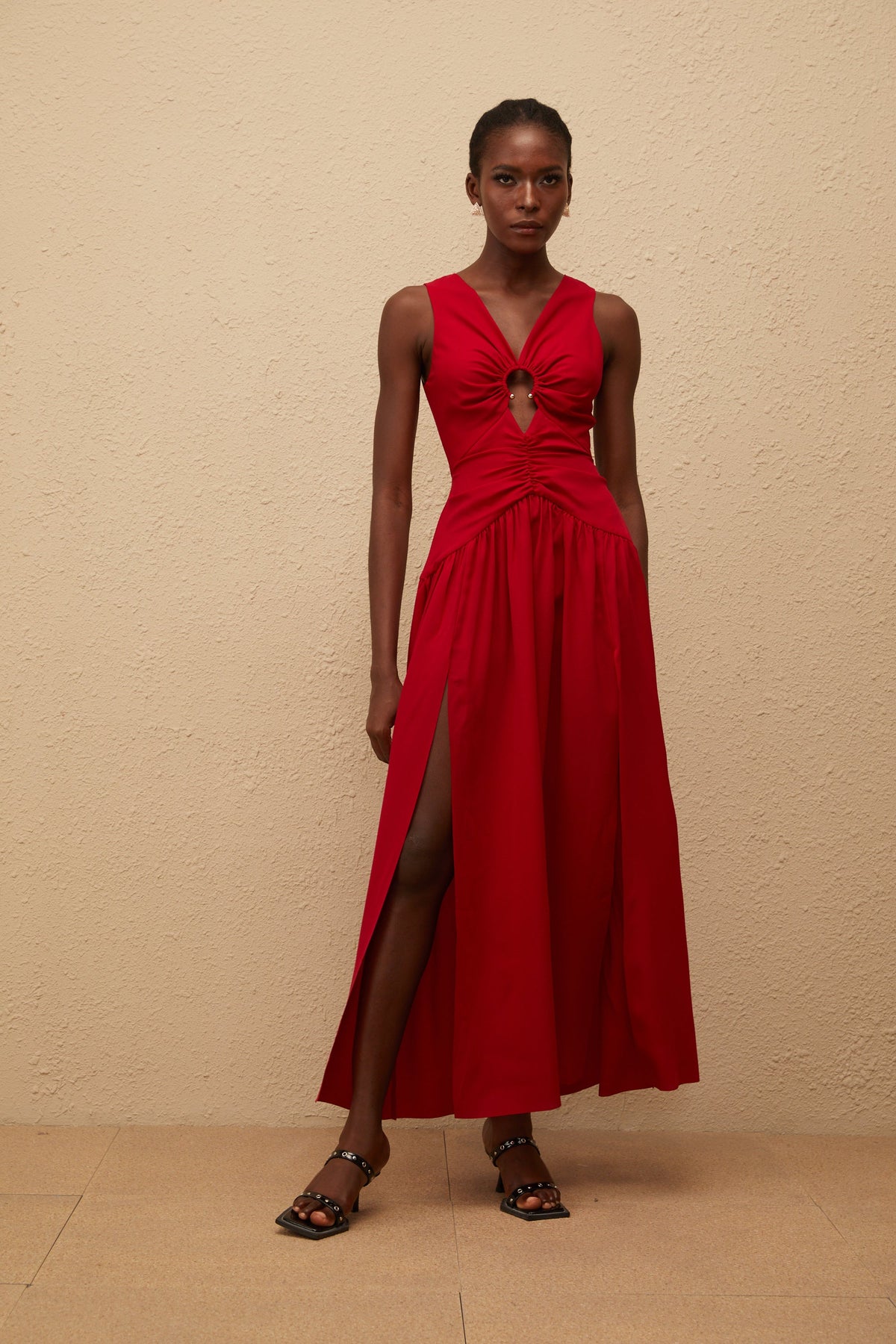 Kleopatra Red Keyhole Detail Ruched Midi Dress (Final Sale)
