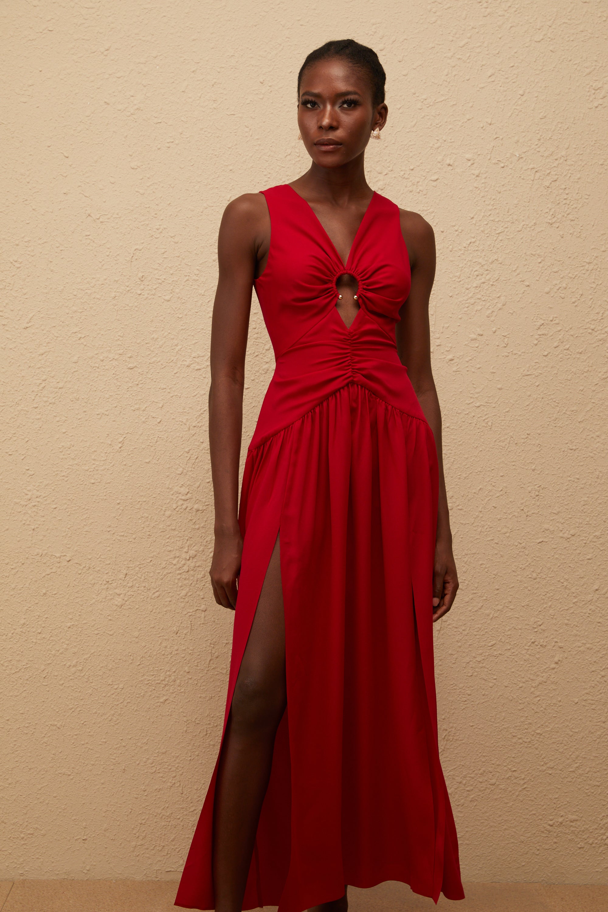 Kleopatra Red Keyhole Detail Ruched Midi Dress