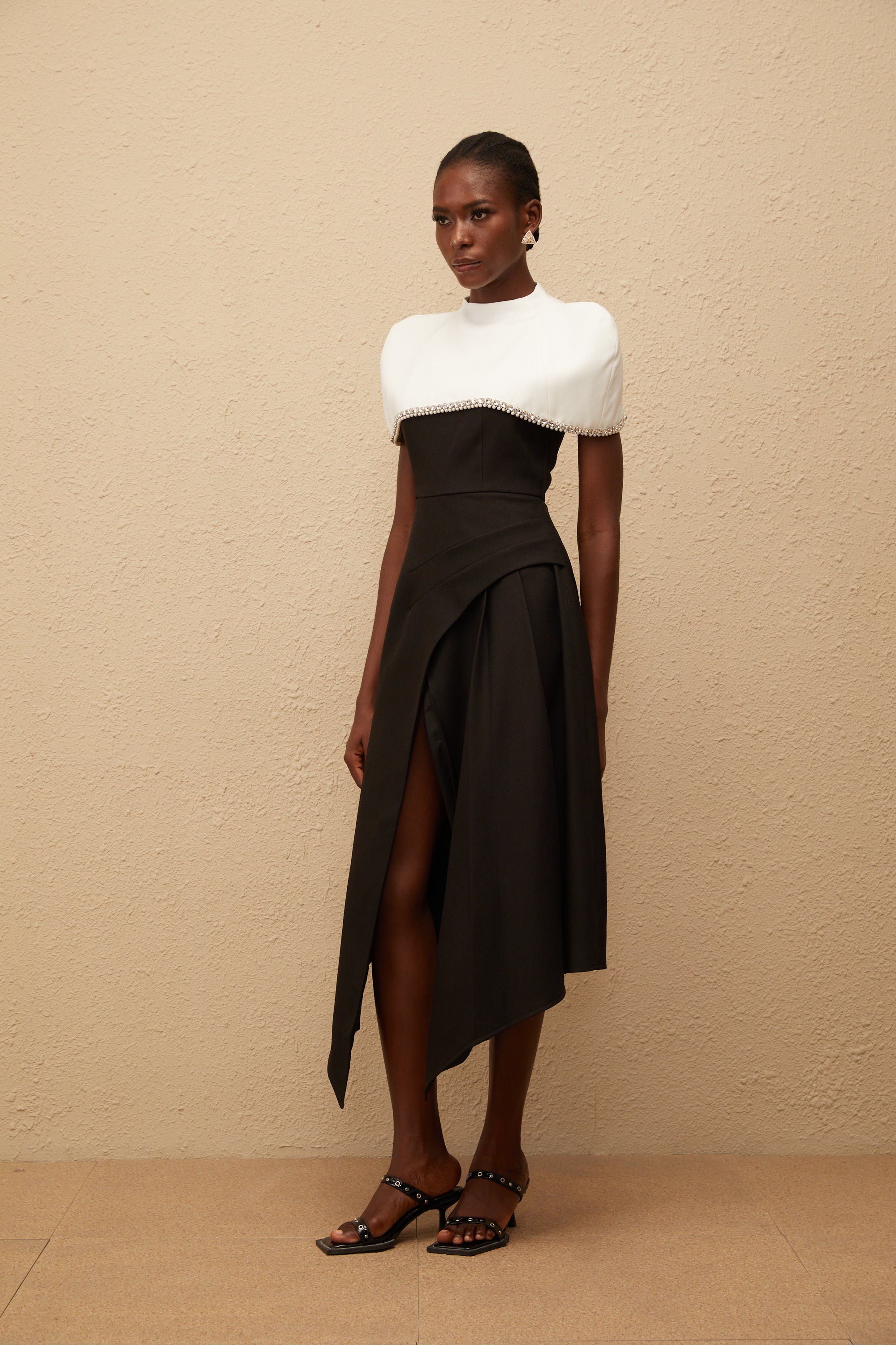 Fabienne Color Block Midi Dress with Embellished Shawl