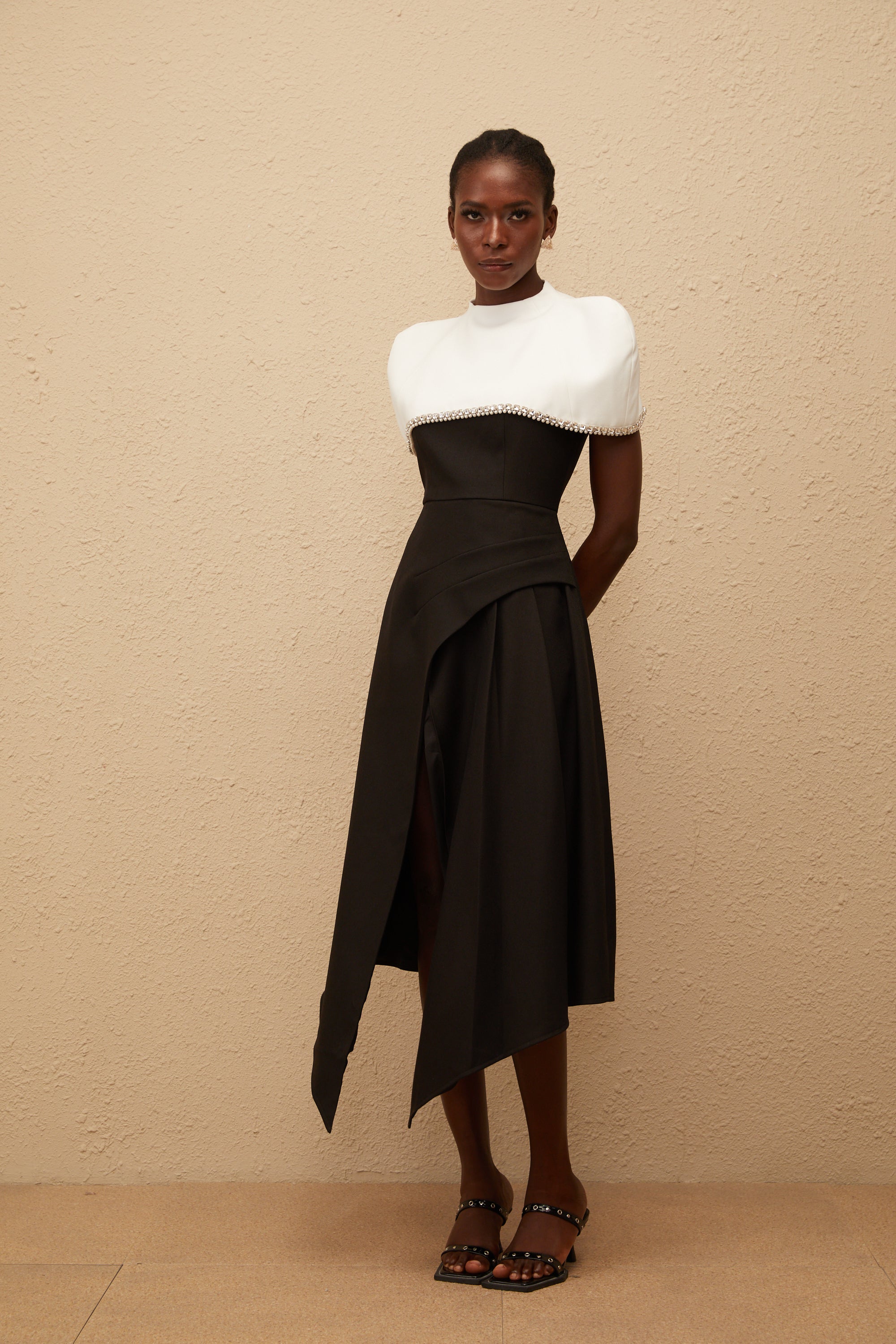 Fabienne Color Block Midi Dress with Embellished Shawl
