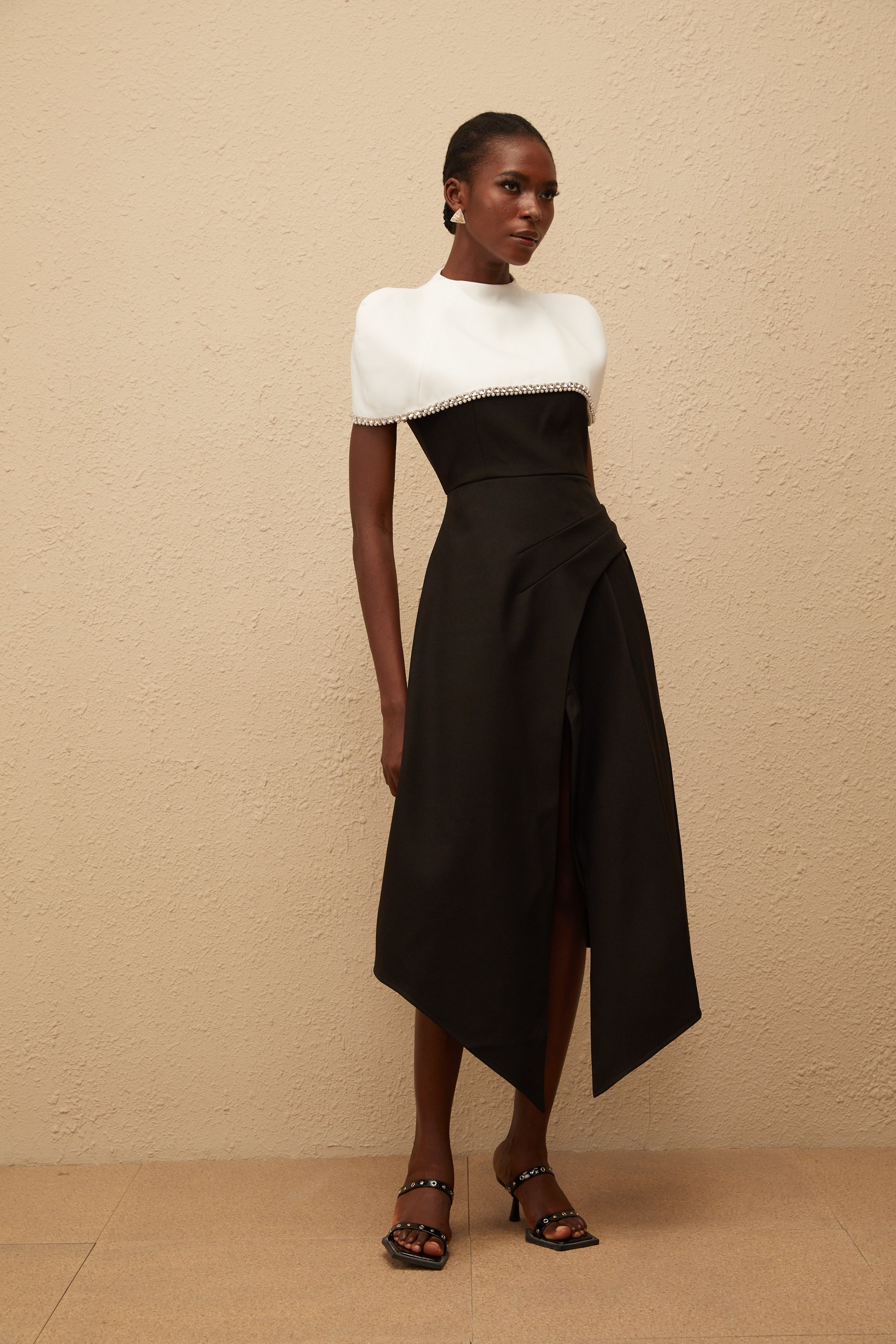 Fabienne Color Block Midi Dress with Embellished Shawl