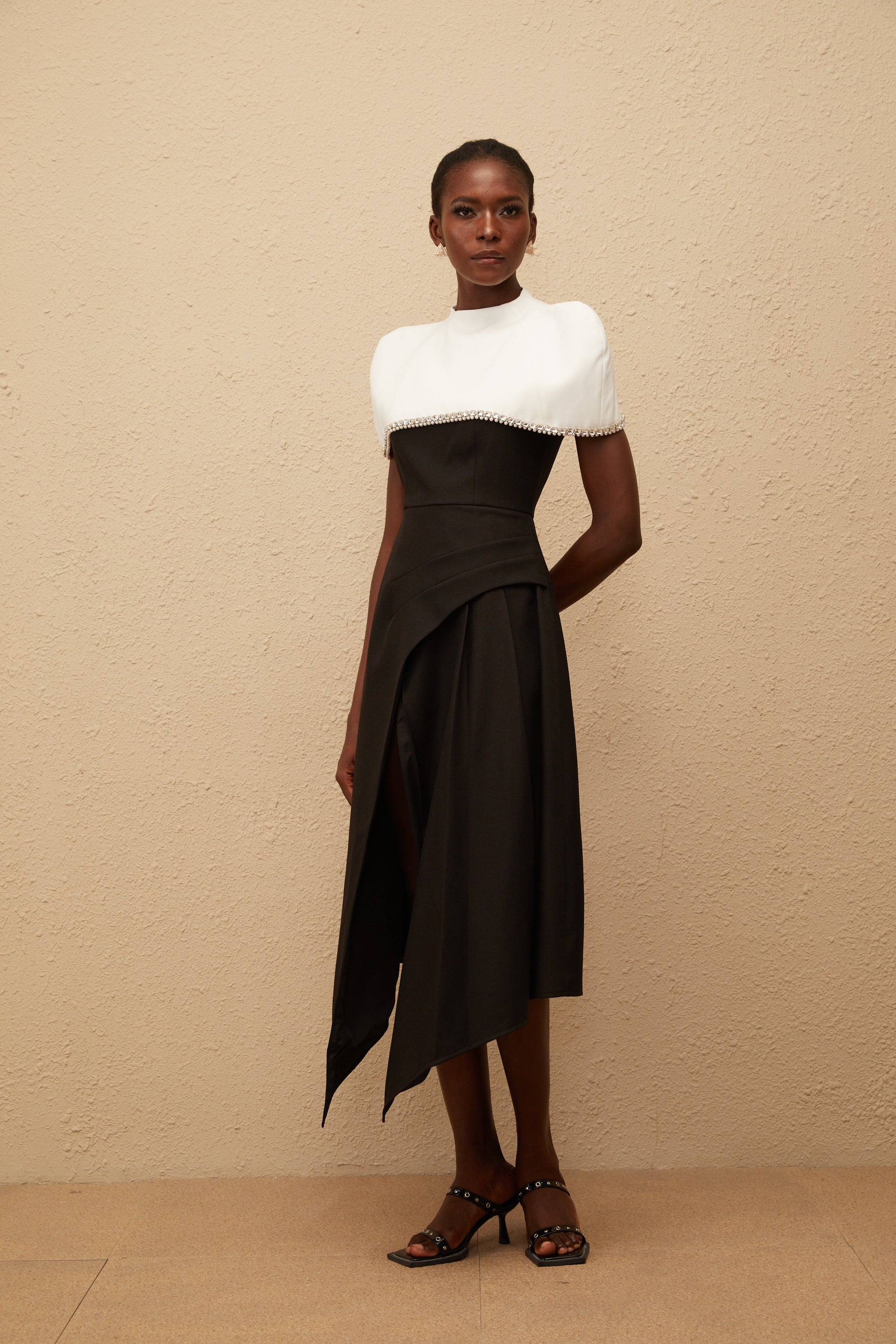 Fabienne Color Block Midi Dress with Embellished Shawl