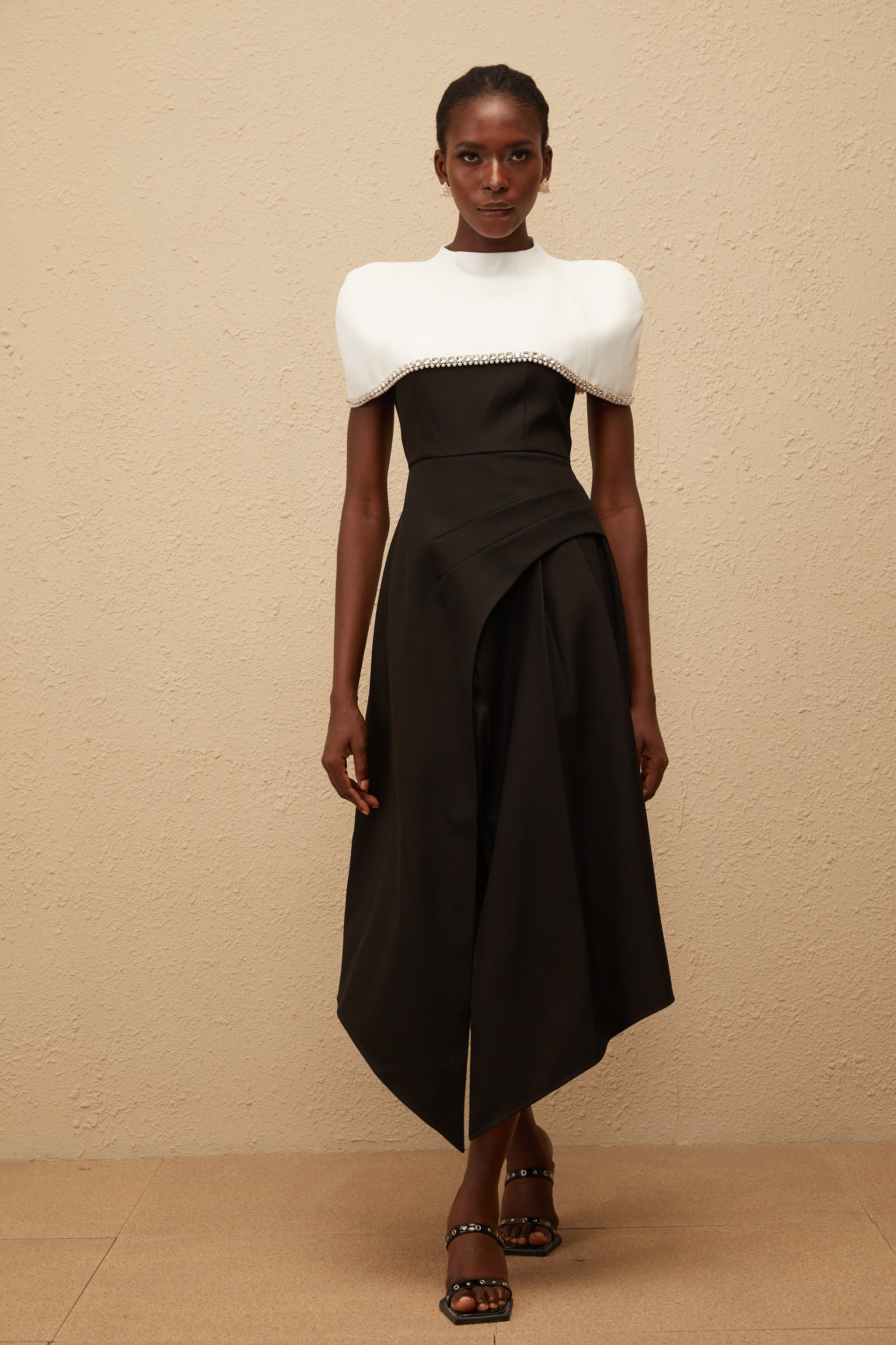 Fabienne Color Block Midi Dress with Embellished Shawl