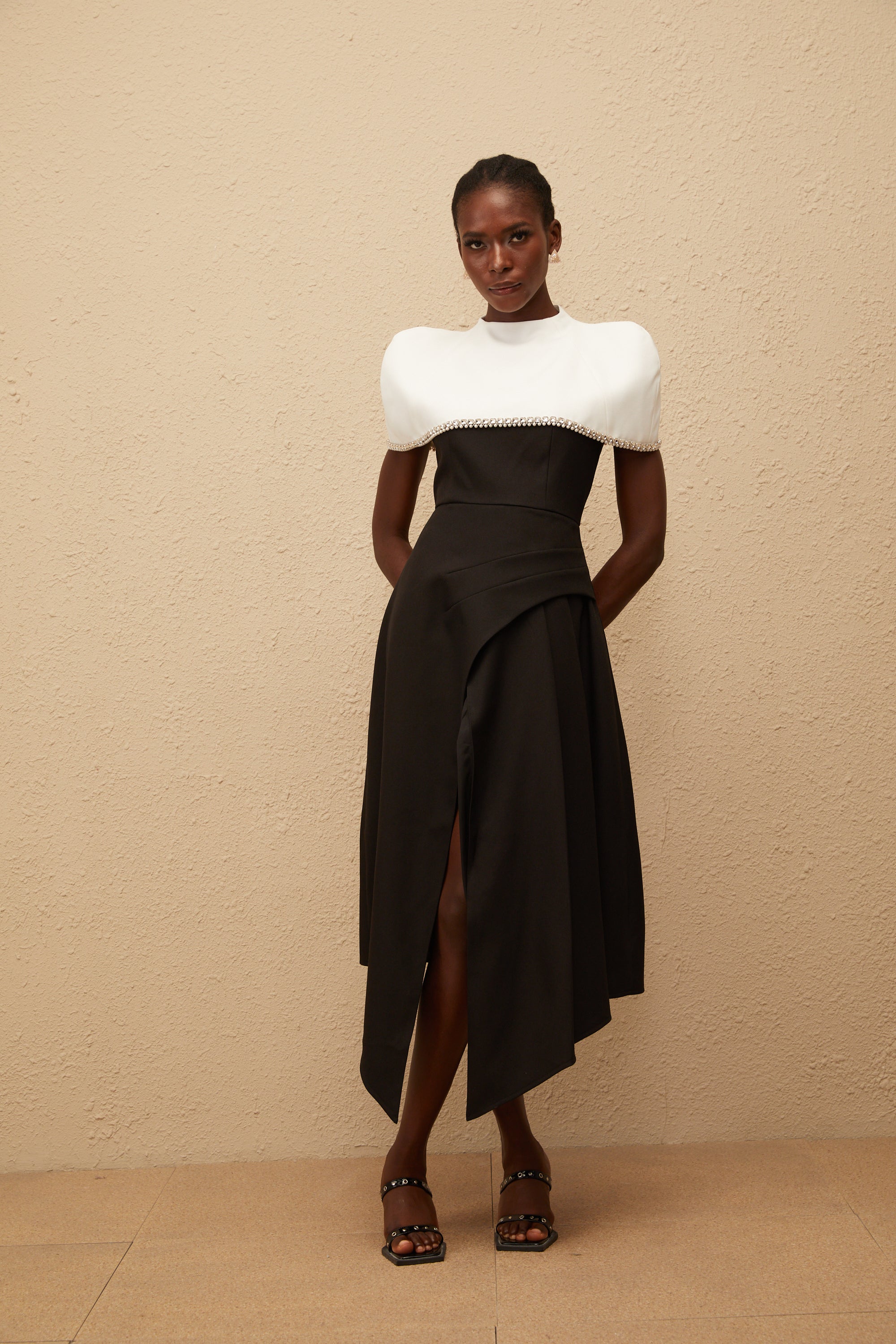 Fabienne Color Block Midi Dress with Embellished Shawl