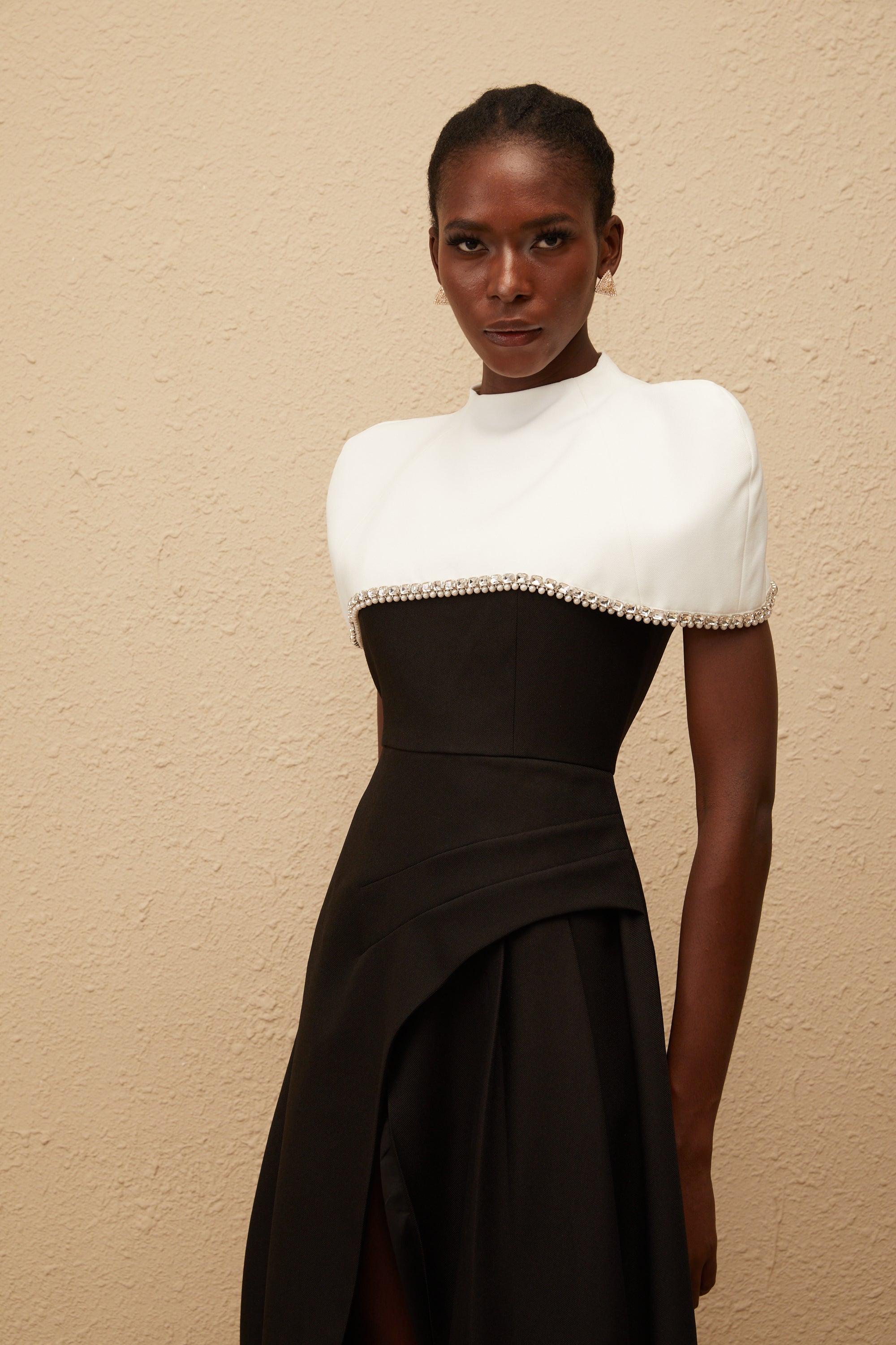 Fabienne Color Block Midi Dress with Embellished Shawl