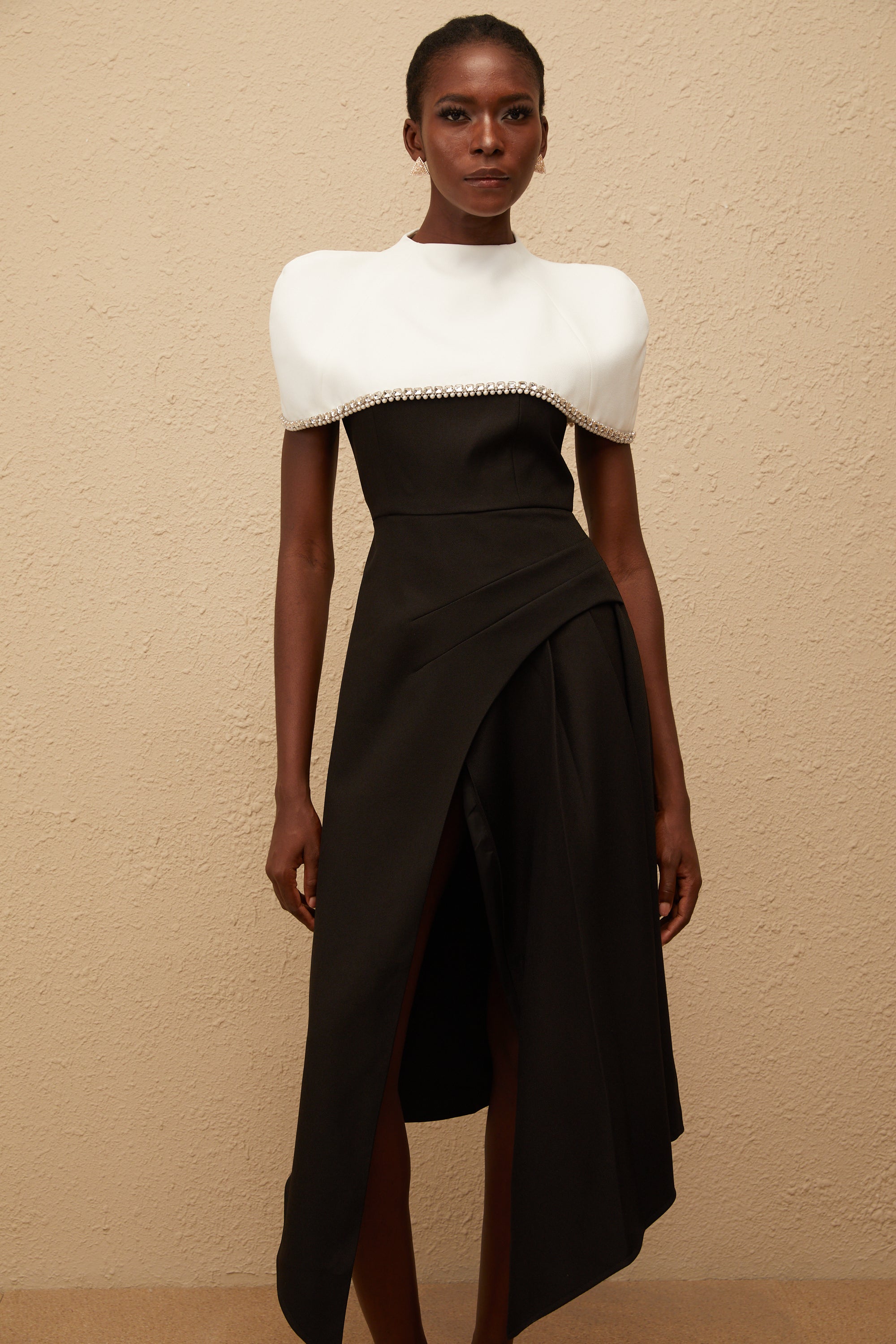 Fabienne Color Block Midi Dress with Embellished Shawl
