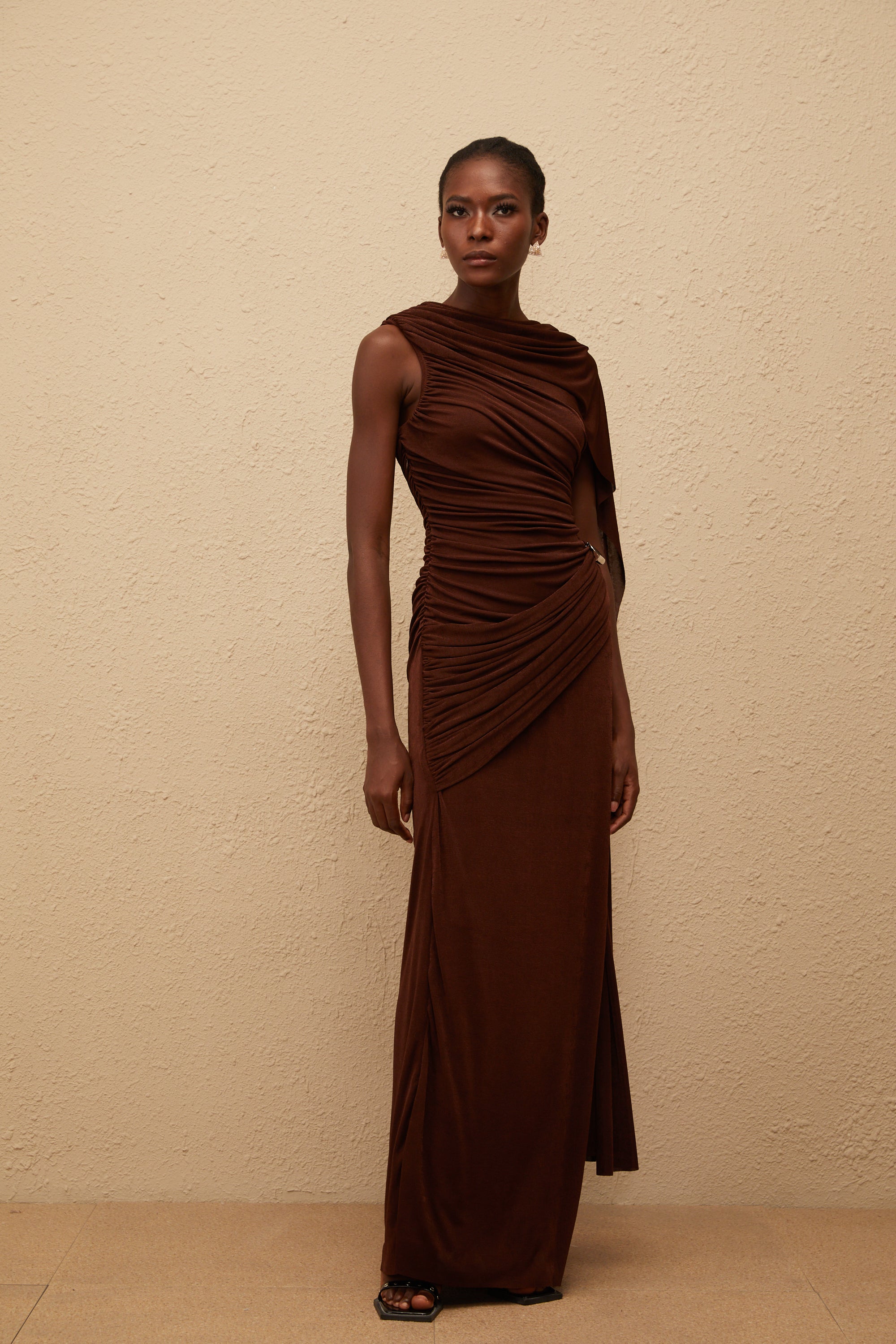 Paloma Brown Sleeveless Asymmetrical Ruched Knit Maxi Dress