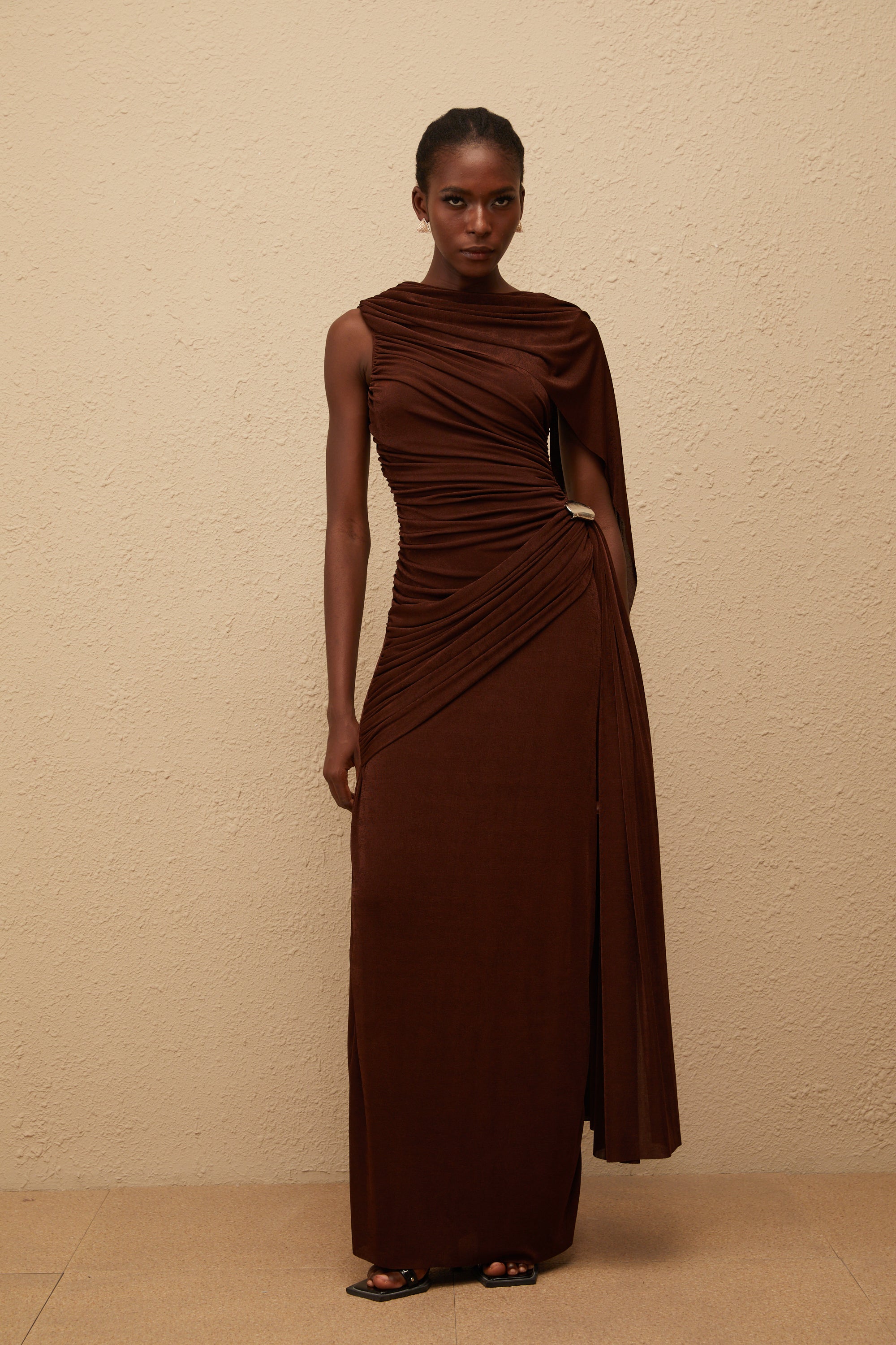 Paloma Brown Sleeveless Asymmetrical Ruched Knit Maxi Dress