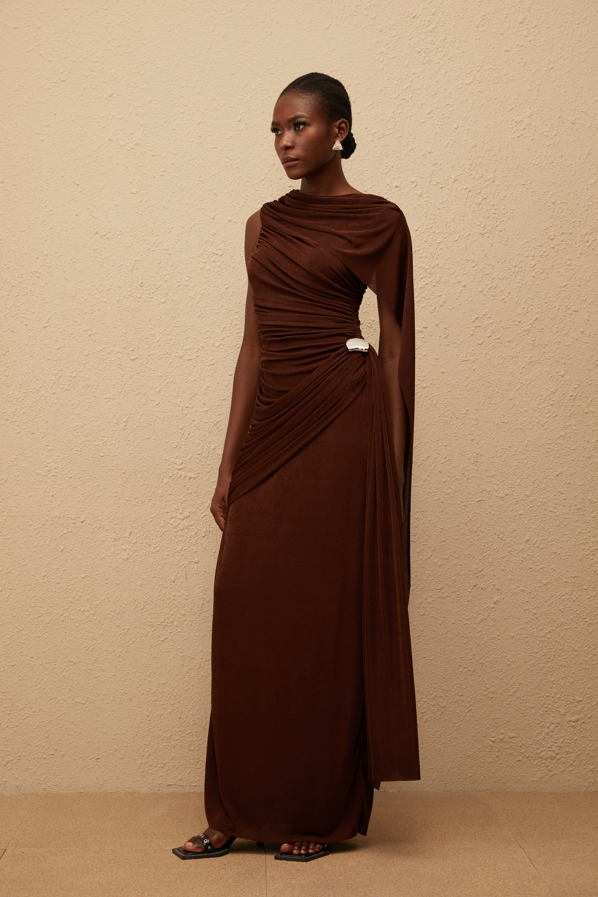 Paloma Brown Sleeveless Asymmetrical Ruched Knit Maxi Dress (Final Sale)