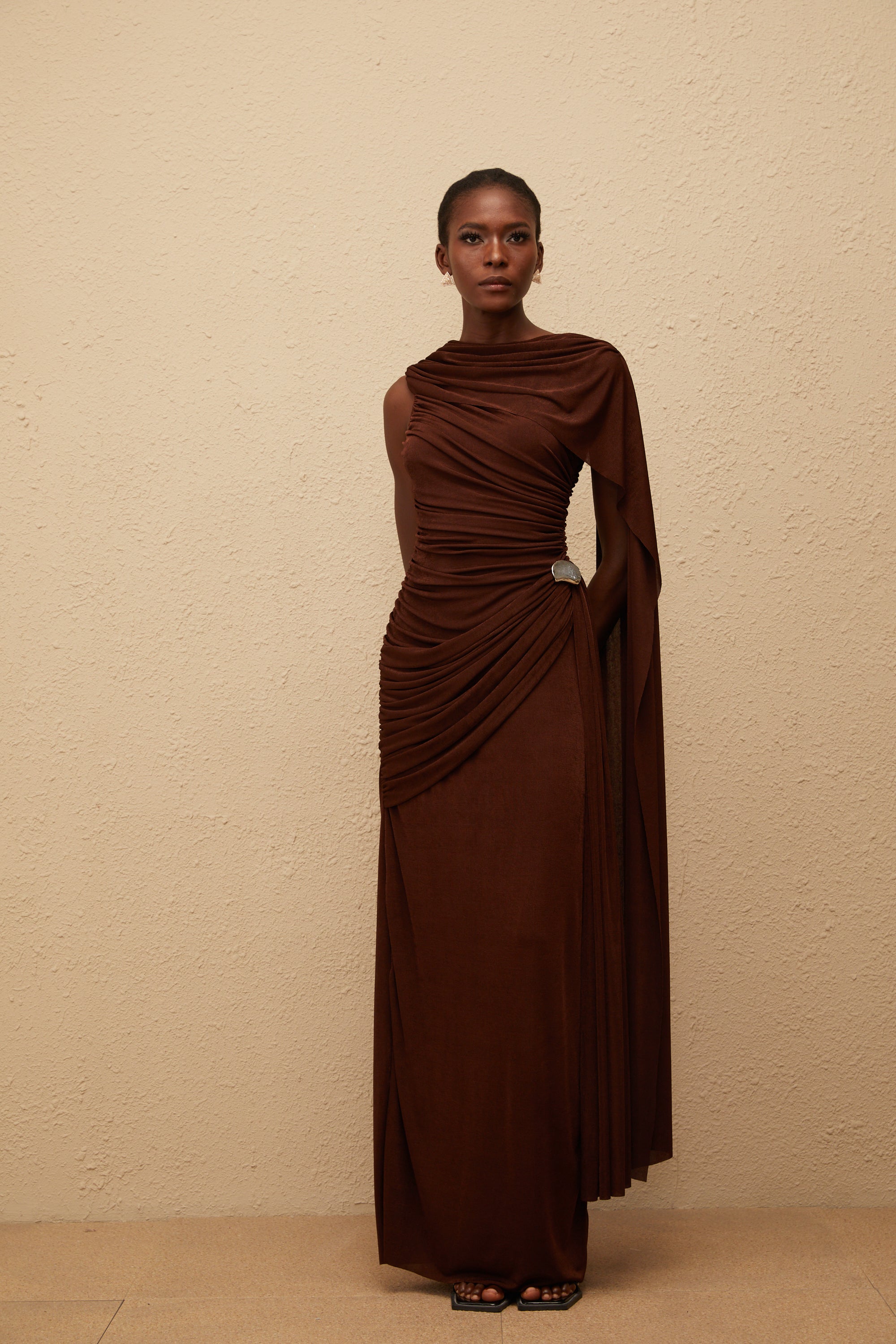 Paloma Brown Sleeveless Asymmetrical Ruched Knit Maxi Dress