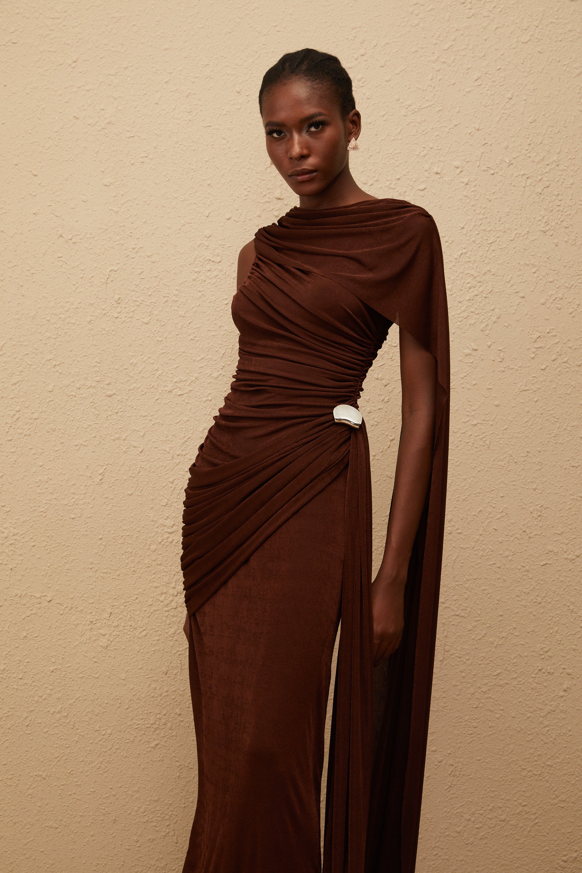 Paloma Brown Sleeveless Asymmetrical Ruched Knit Maxi Dress (Final Sale)