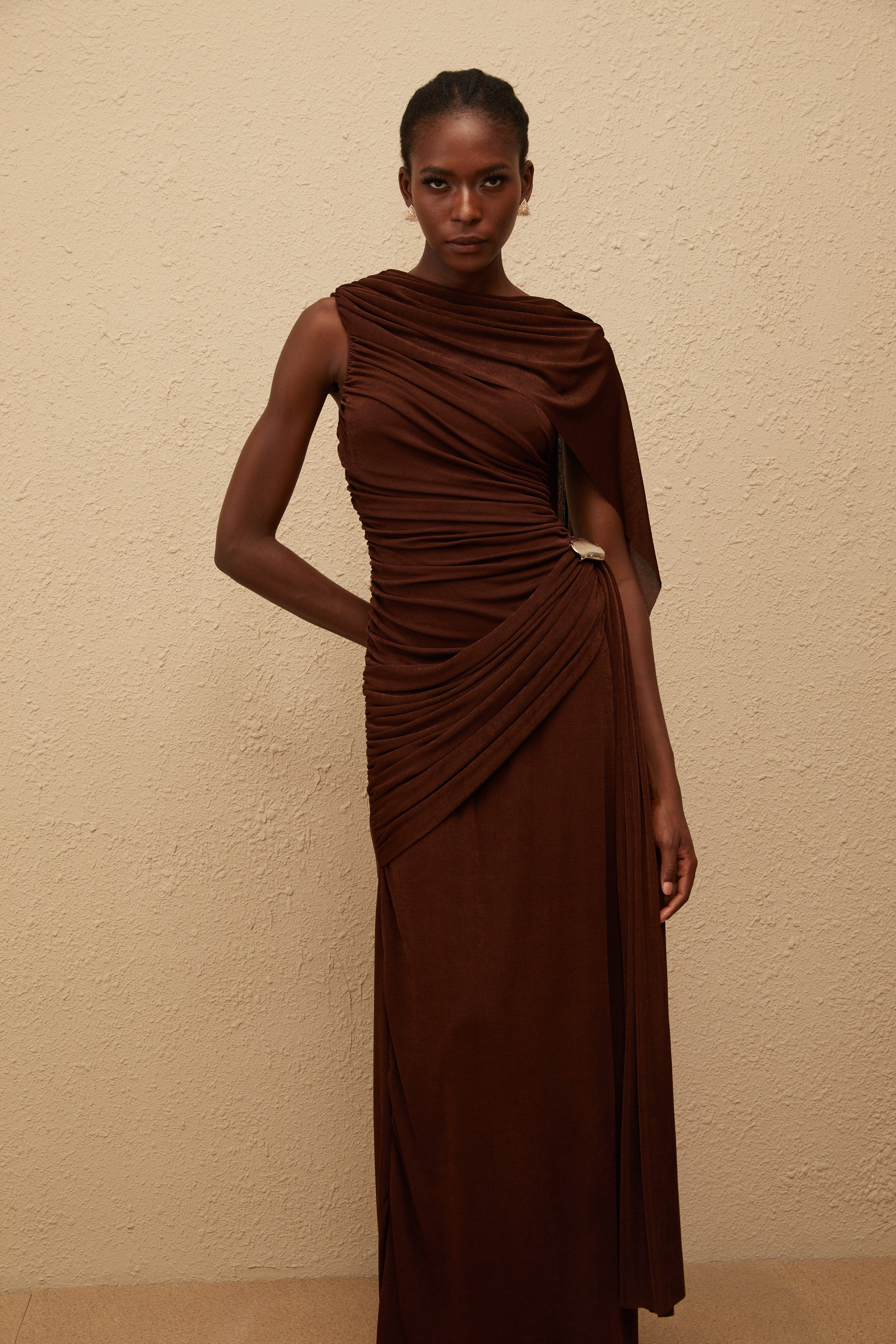 Paloma Brown Sleeveless Asymmetrical Ruched Knit Maxi Dress