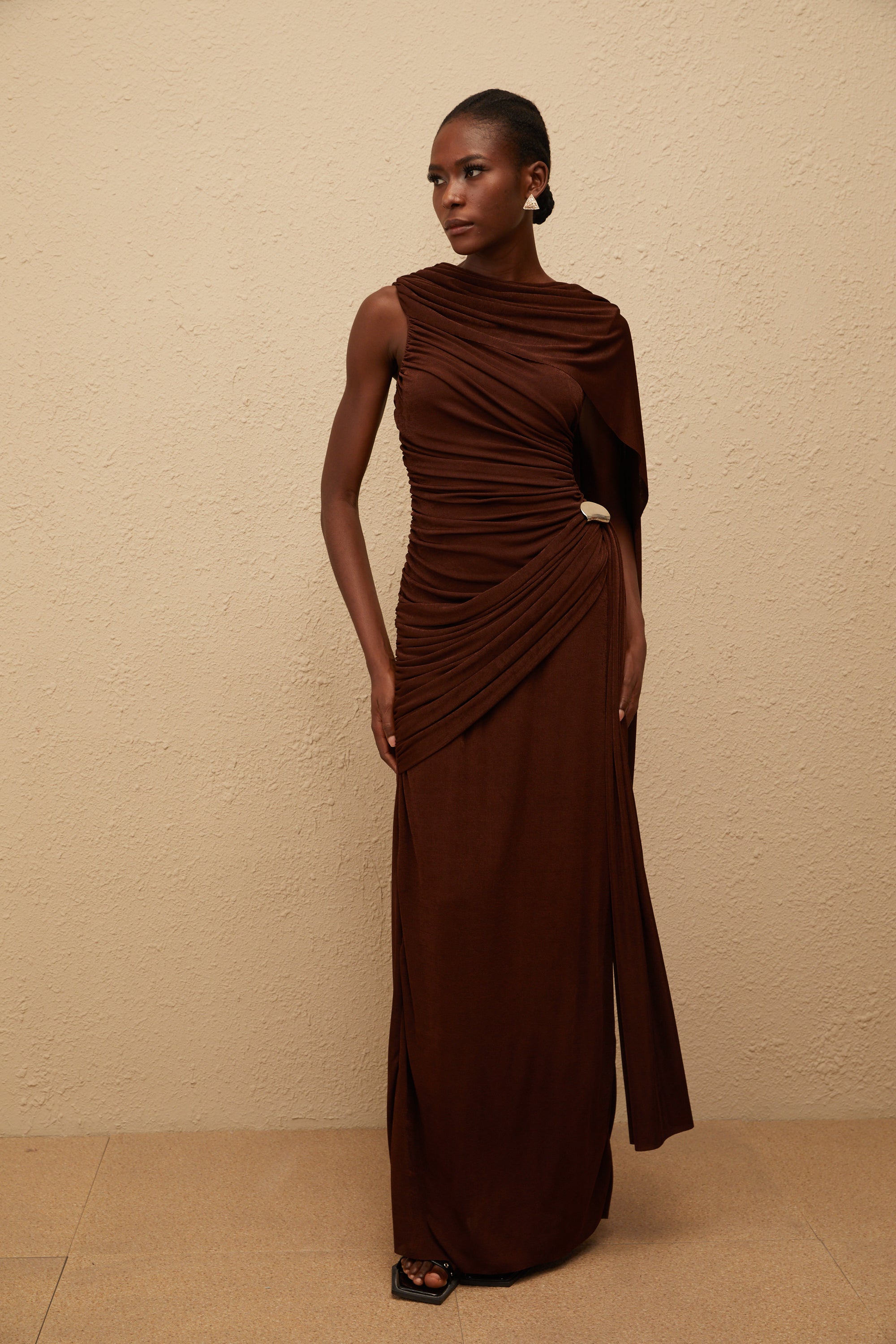 Paloma Brown Sleeveless Asymmetrical Ruched Knit Maxi Dress