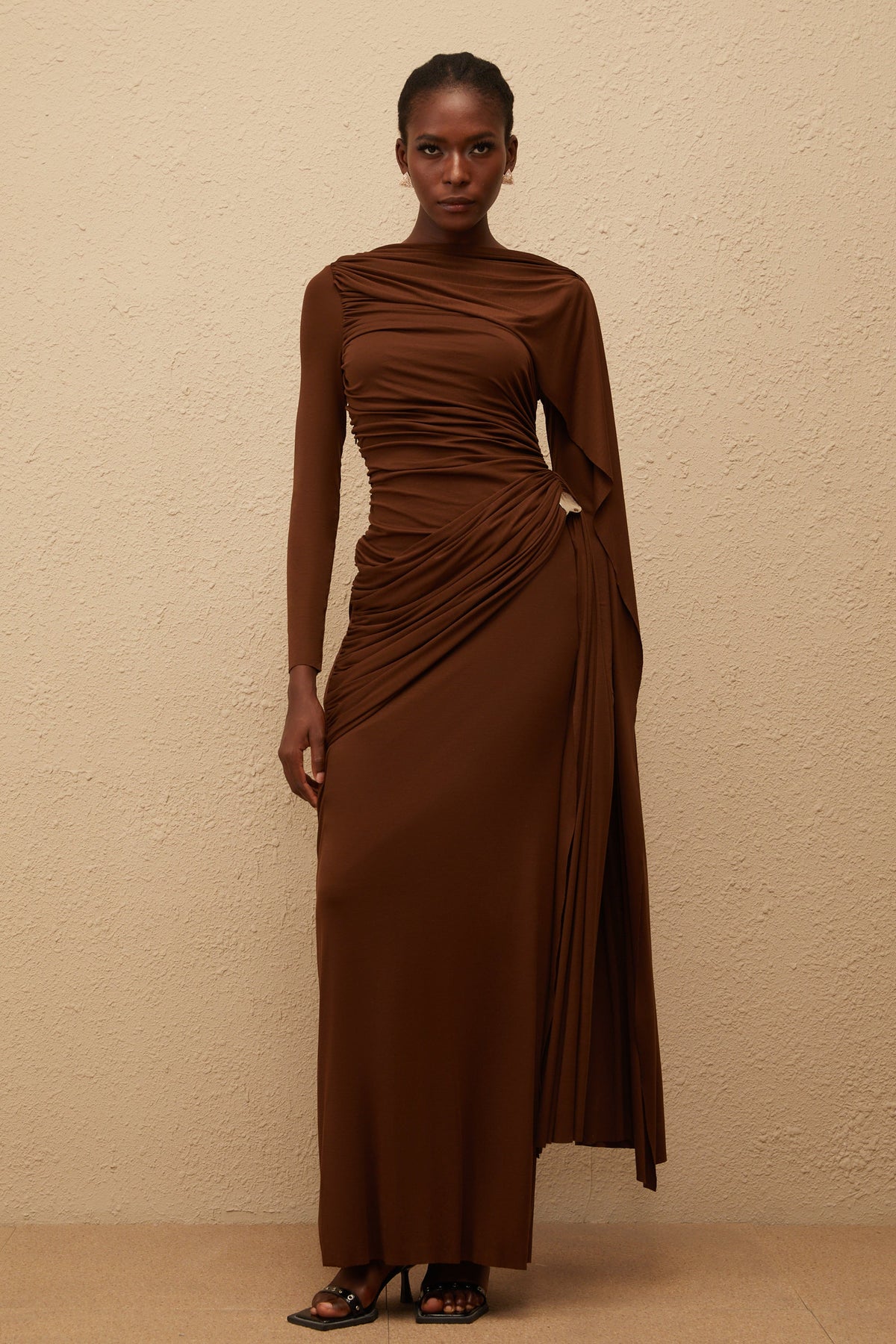 Paloma Brown Asymmetrical Ruched Knit Maxi Dress