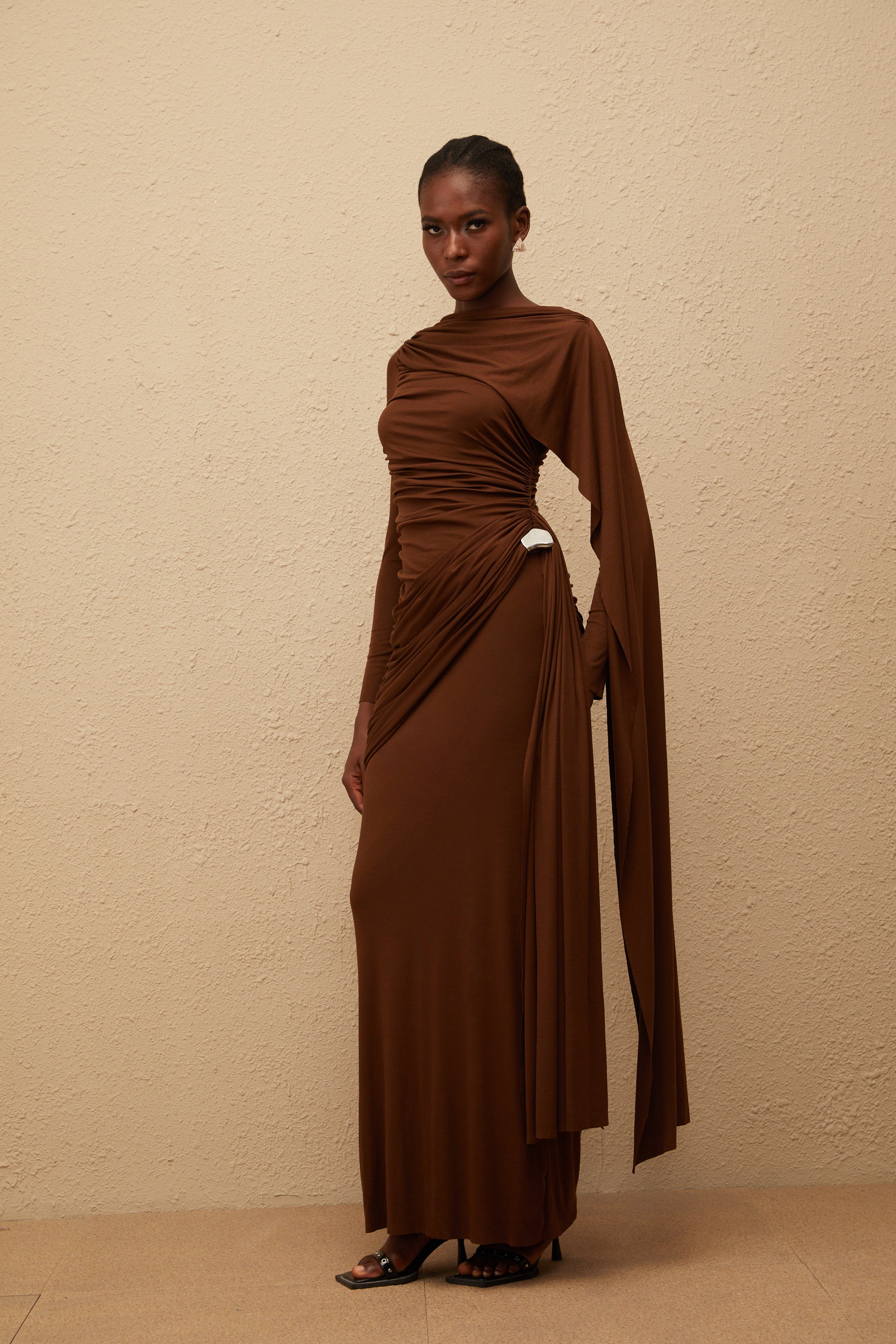 Paloma Brown Asymmetrical Ruched Knit Maxi Dress