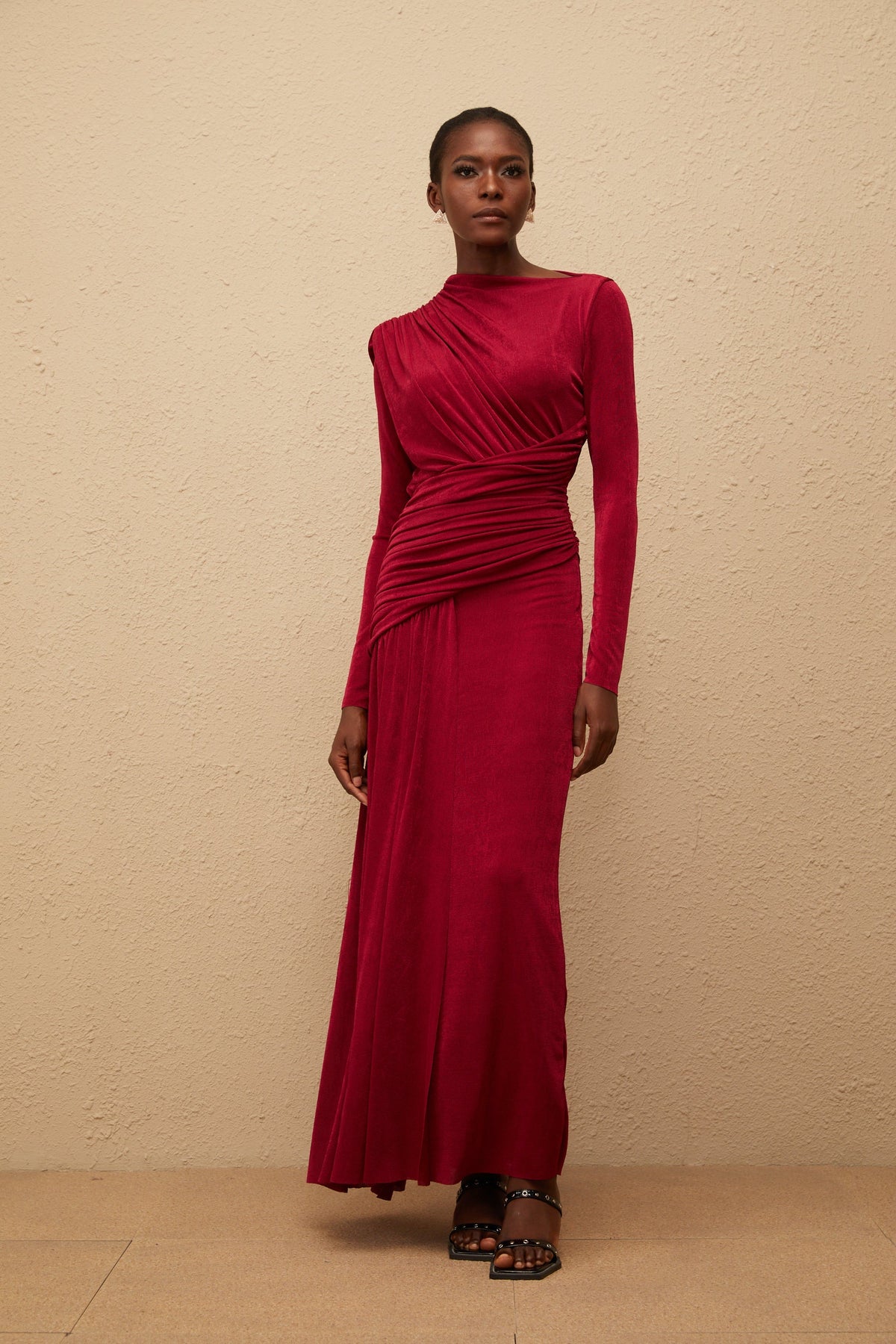 Charme Red Ruched Maxi Dress