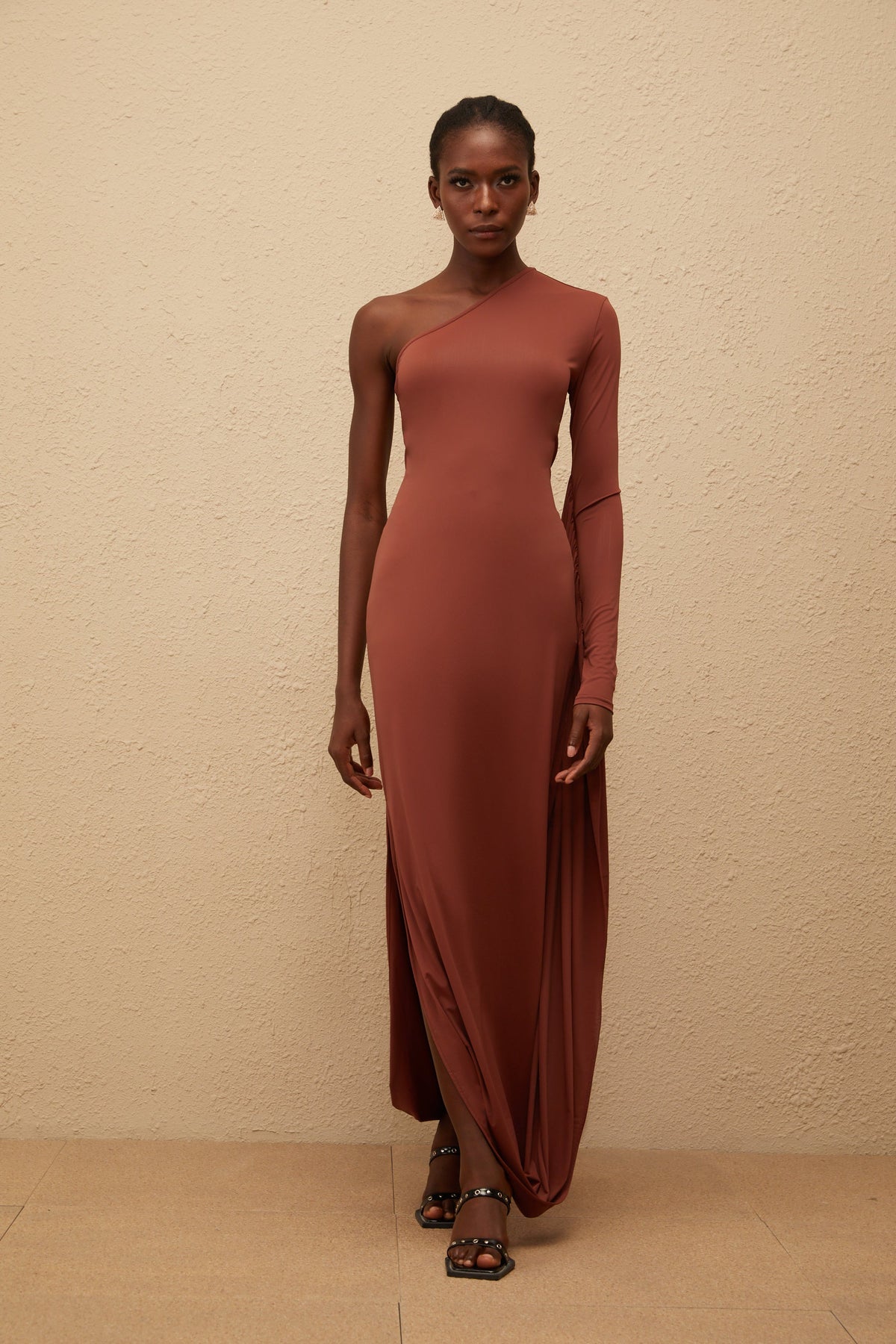 Aikaterini Brown Asymmetrical Draped Panel Midi Dress
