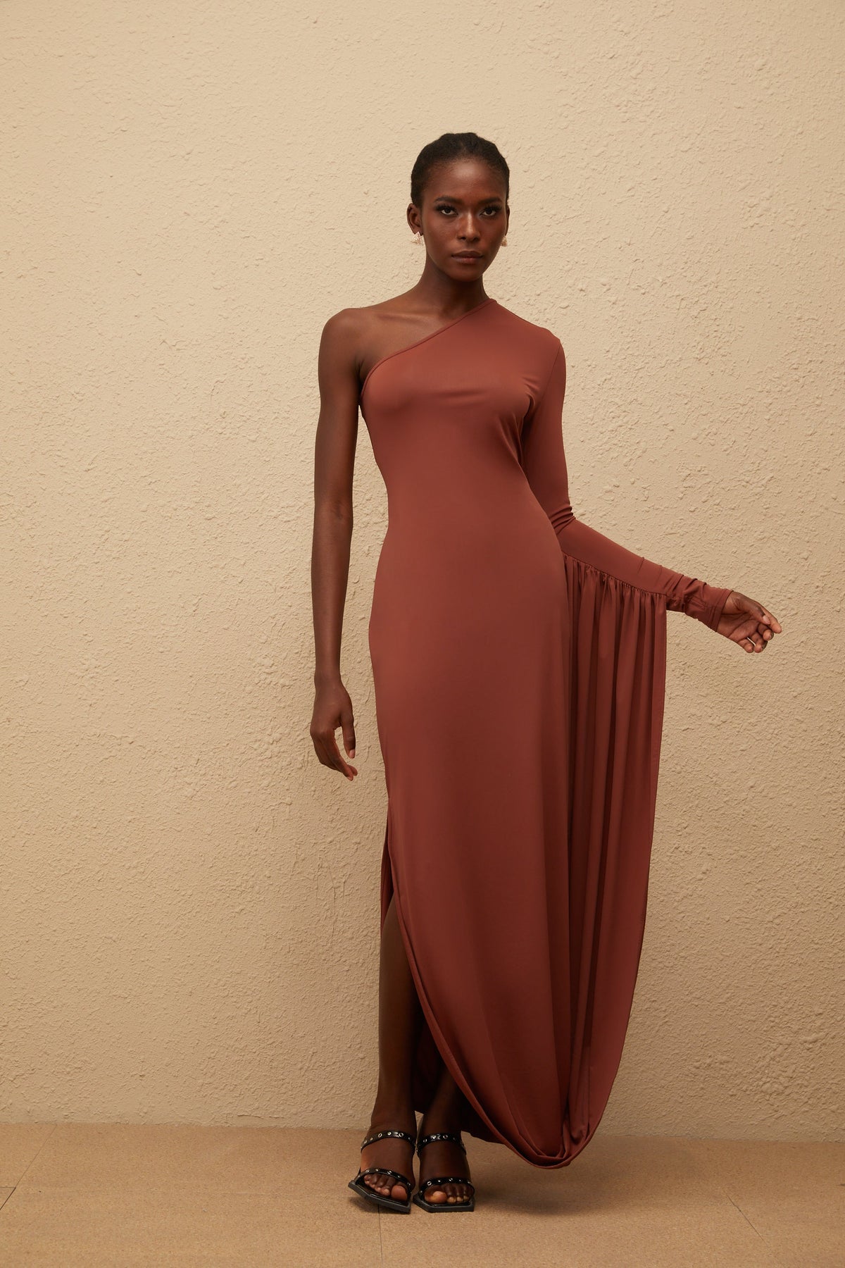Aikaterini Brown Asymmetrical Draped Panel Midi Dress
