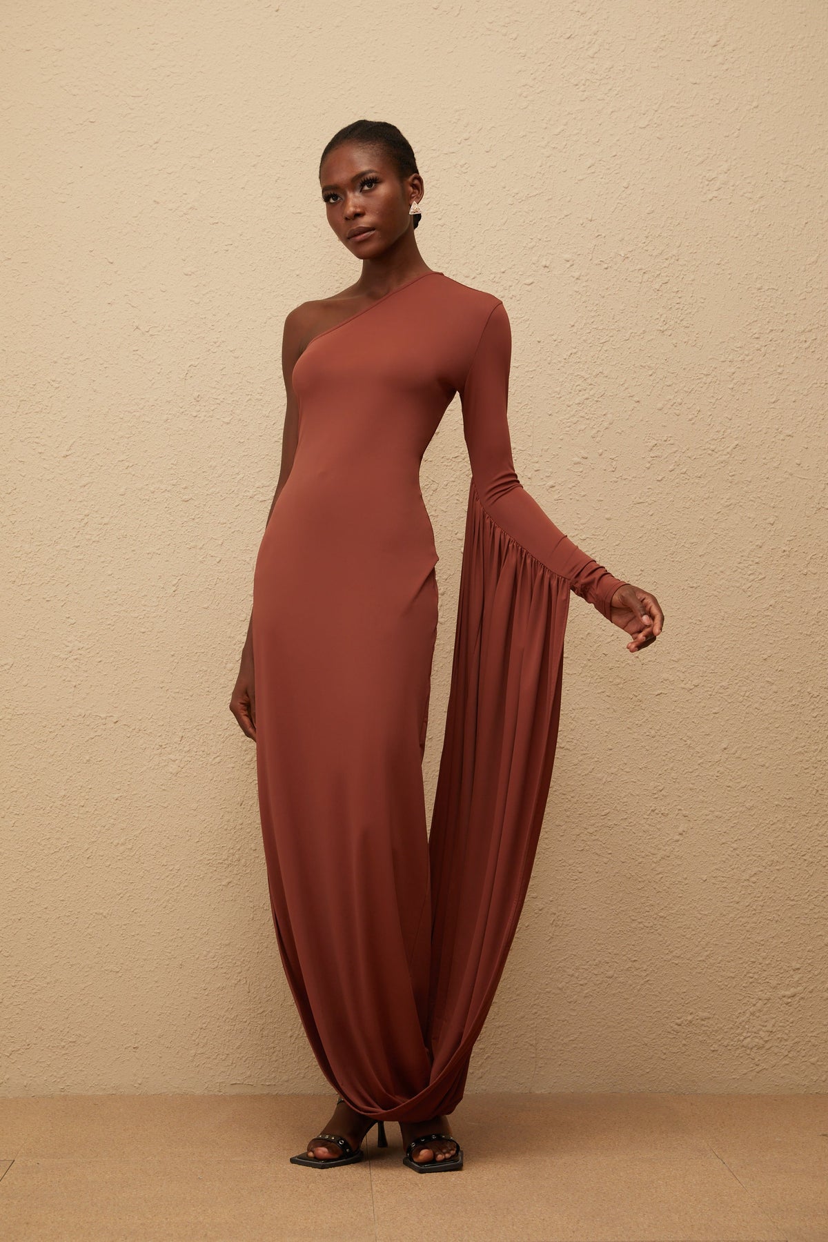 Aikaterini Brown Asymmetrical Draped Panel Midi Dress
