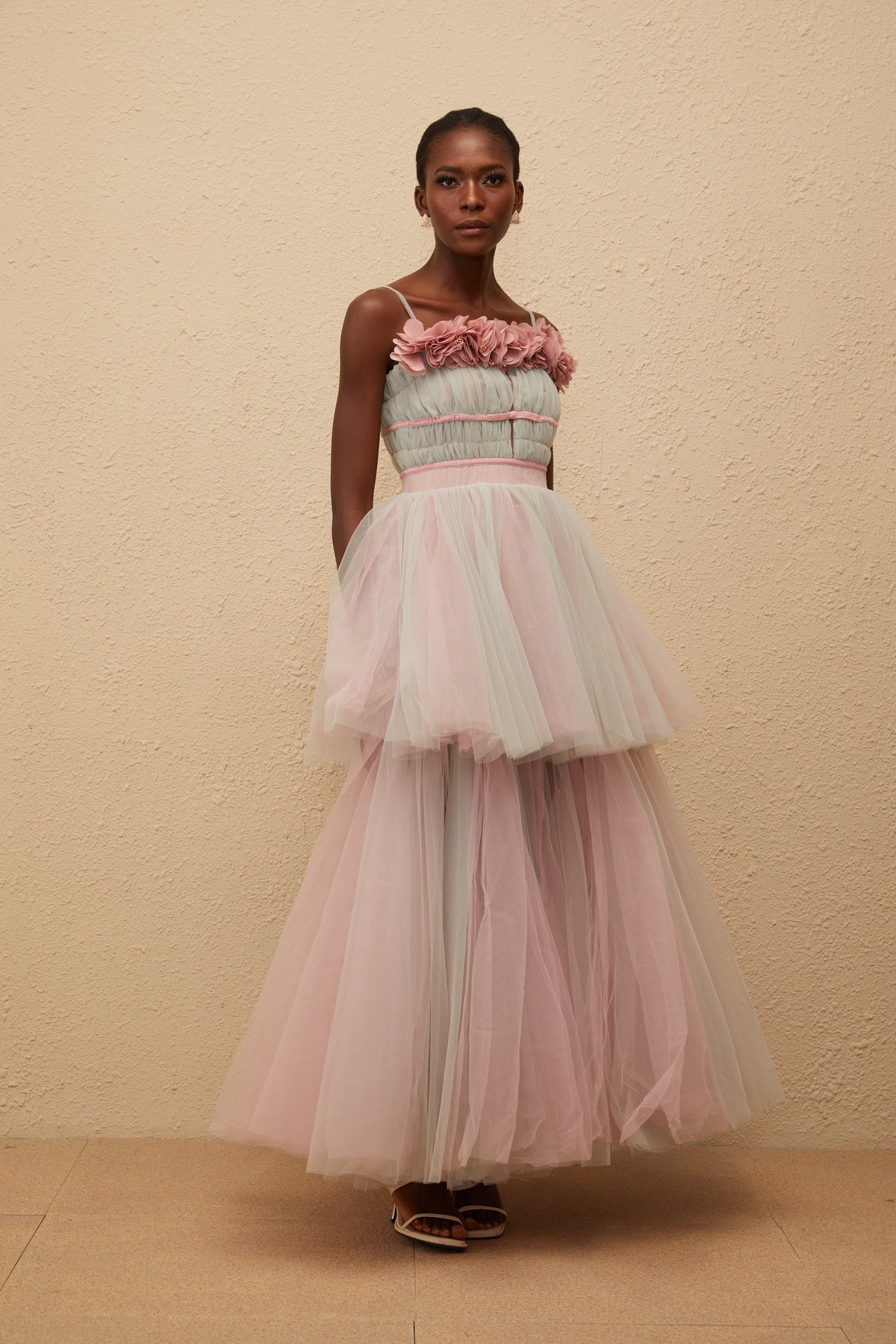 Hermione Grey 3D Petal Tulle Maxi Dress