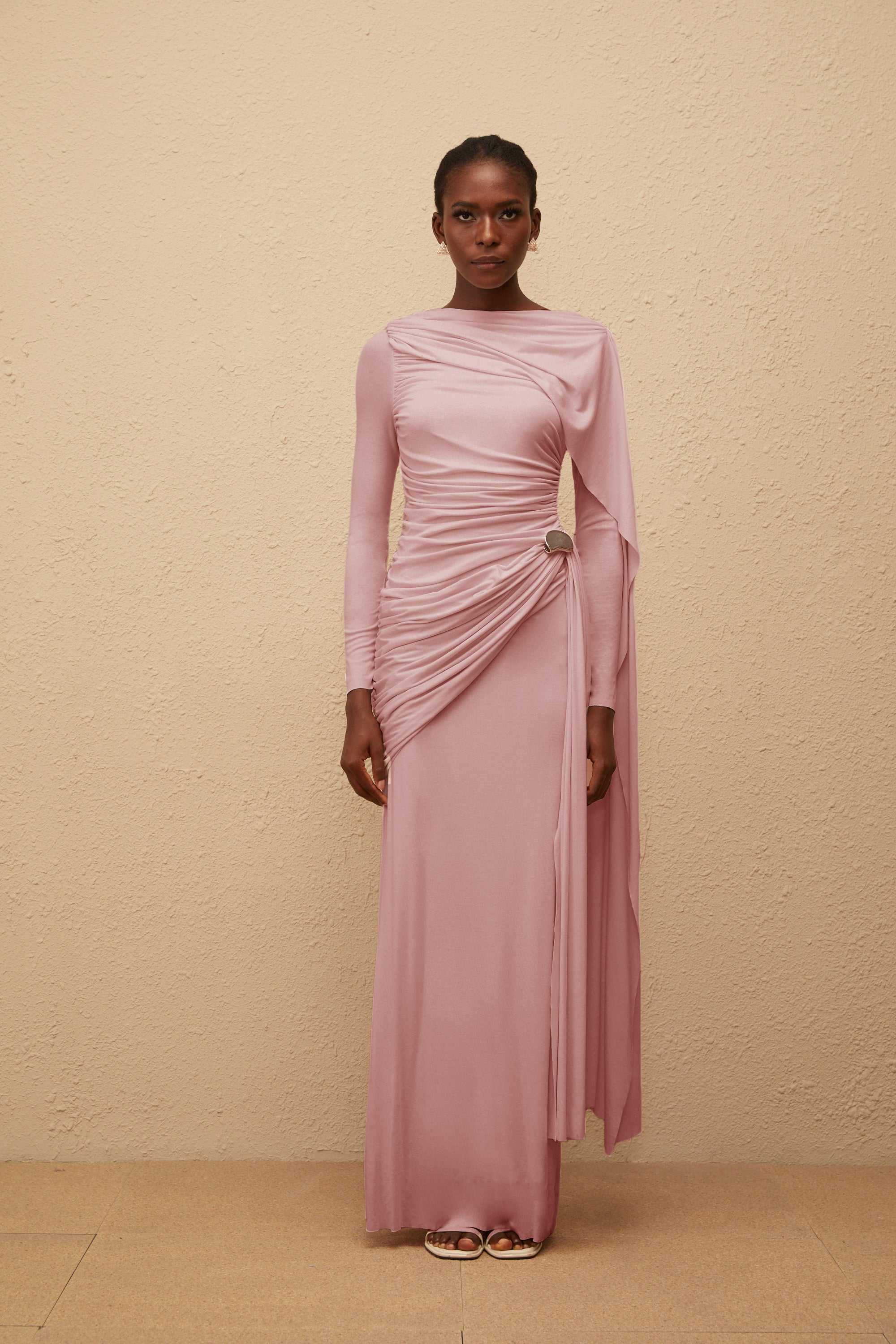 Paloma Pink Asymmetrical Ruched Knit Maxi Dress (Final Sale)