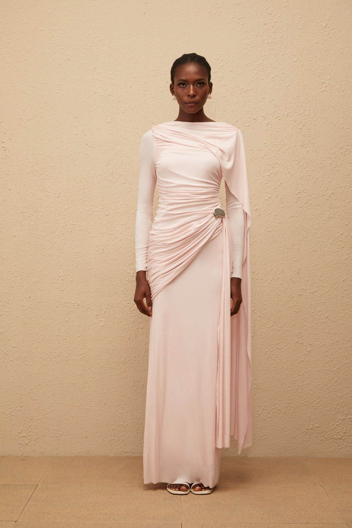 Paloma Pink Asymmetrical Ruched Knit Maxi Dress