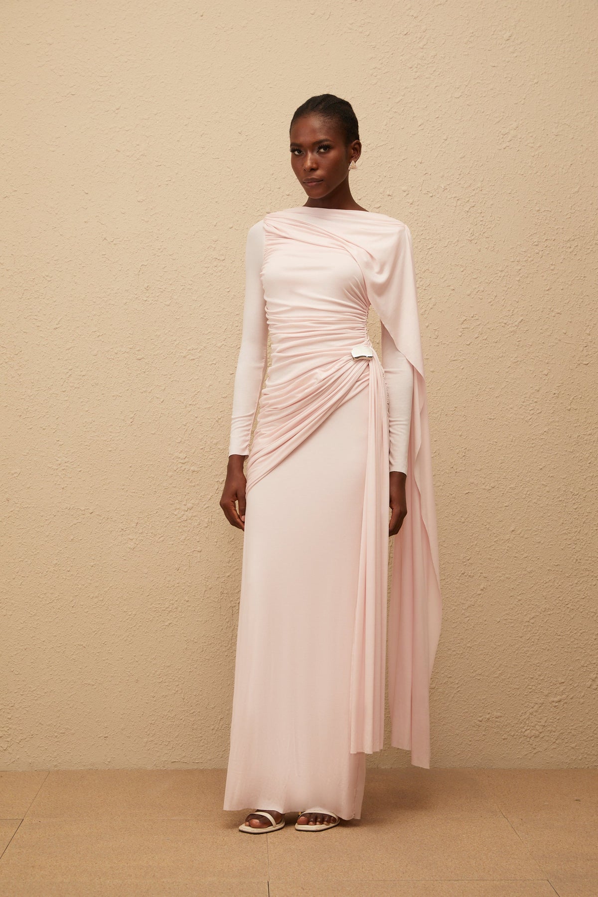 Paloma Pink Asymmetrical Ruched Knit Maxi Dress