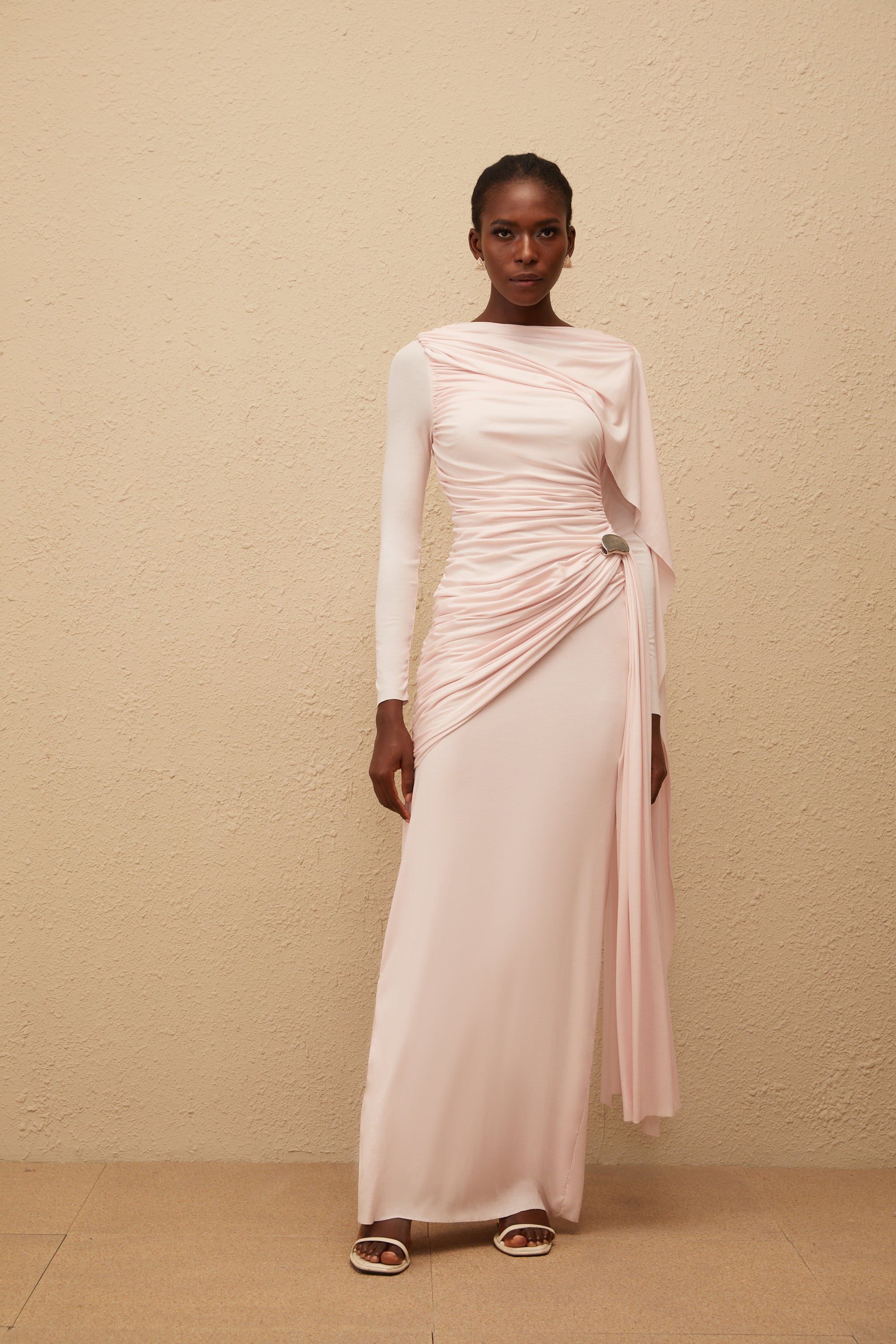 Paloma Pink Asymmetrical Ruched Knit Maxi Dress