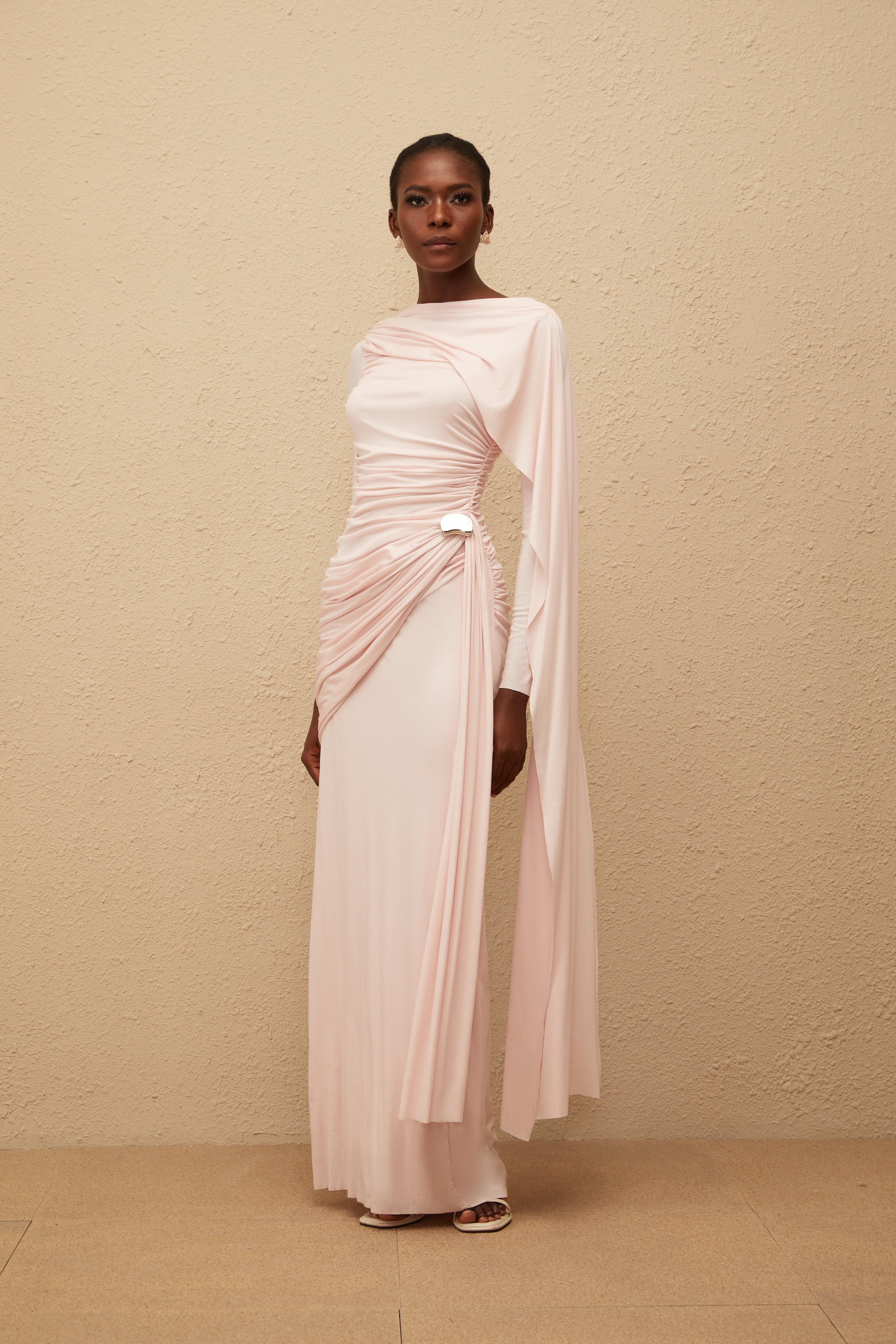 Paloma Pink Asymmetrical Ruched Knit Maxi Dress