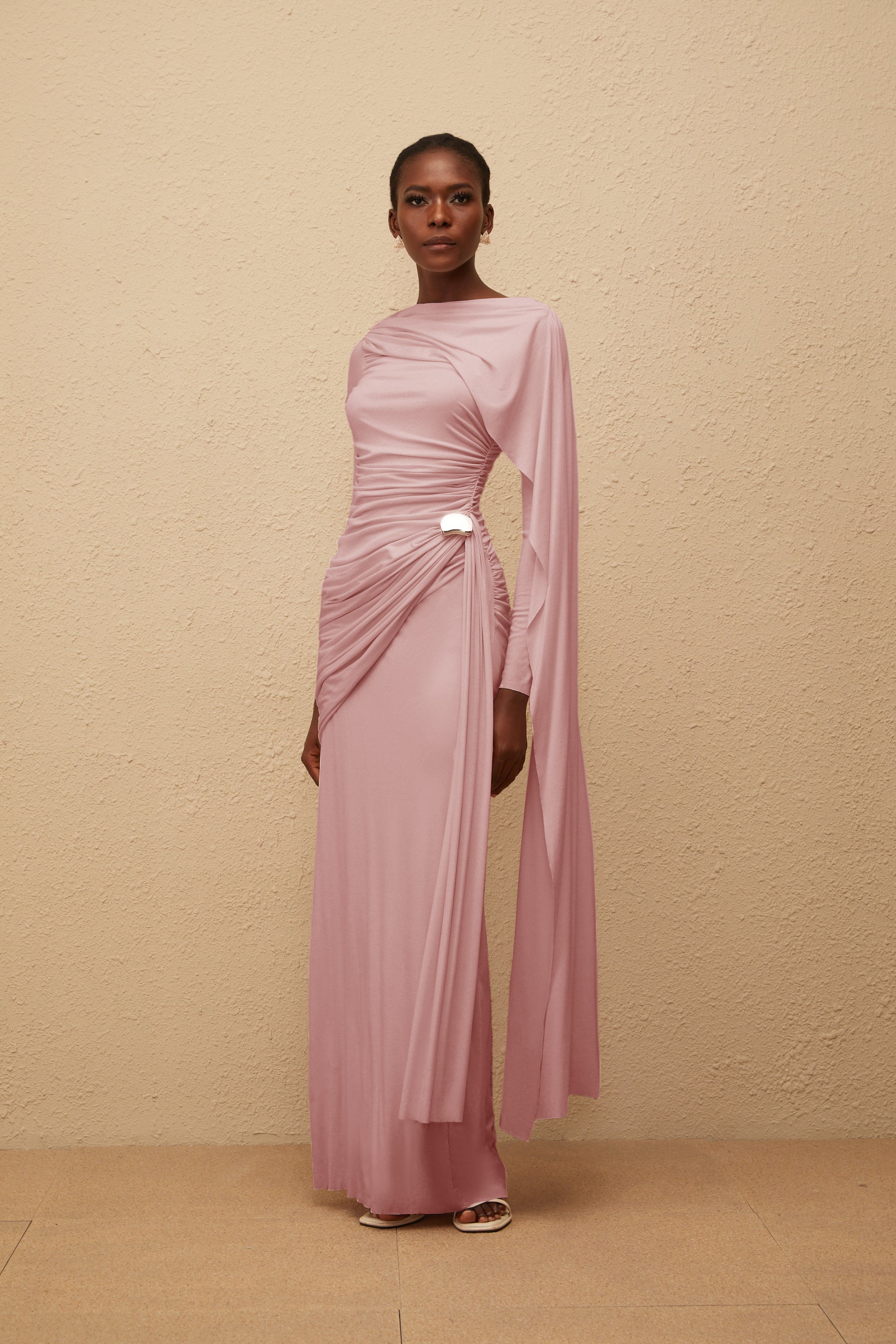 Paloma Pink Asymmetrical Ruched Knit Maxi Dress (Final Sale)