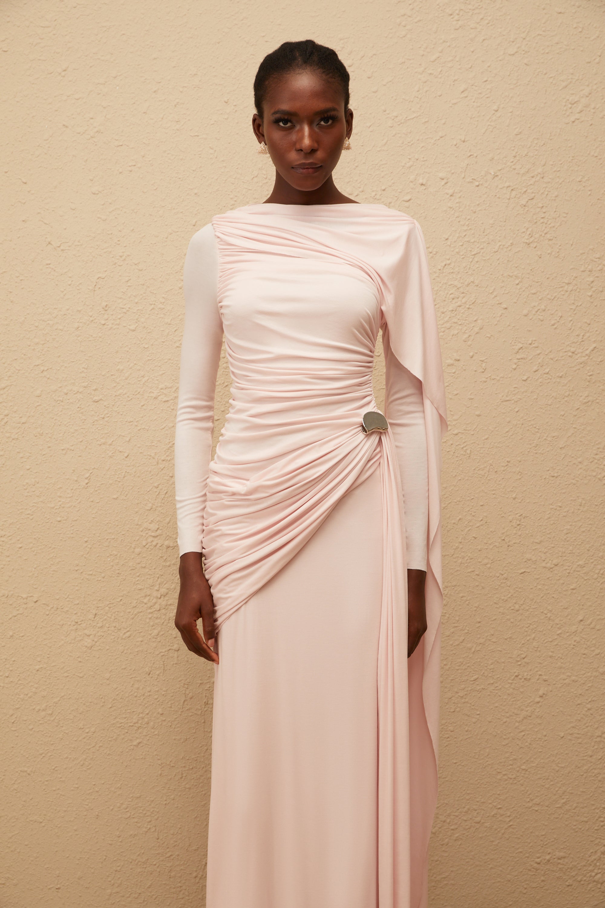 Paloma Pink Asymmetrical Ruched Knit Maxi Dress