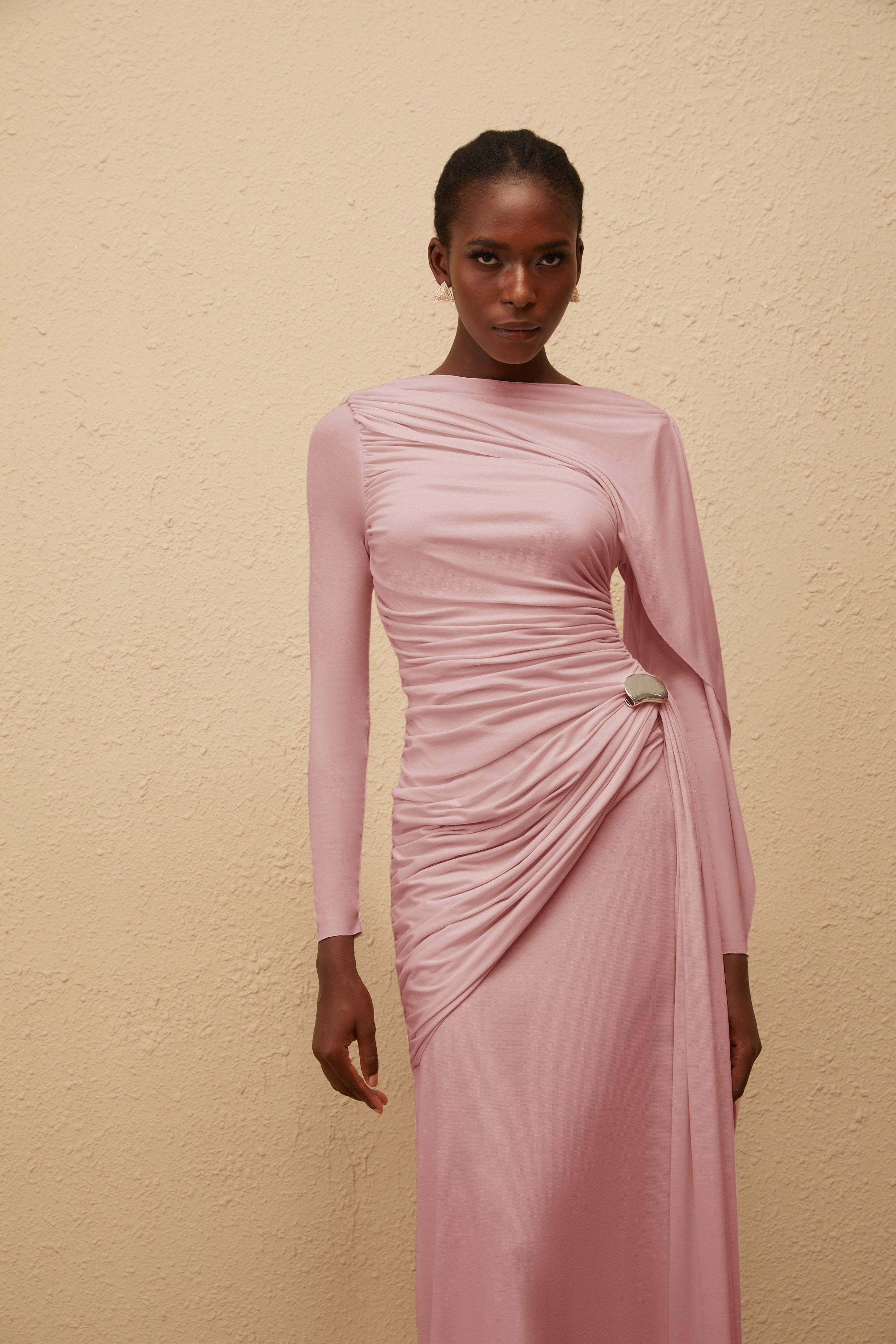 Paloma Pink Asymmetrical Ruched Knit Maxi Dress (Final Sale)