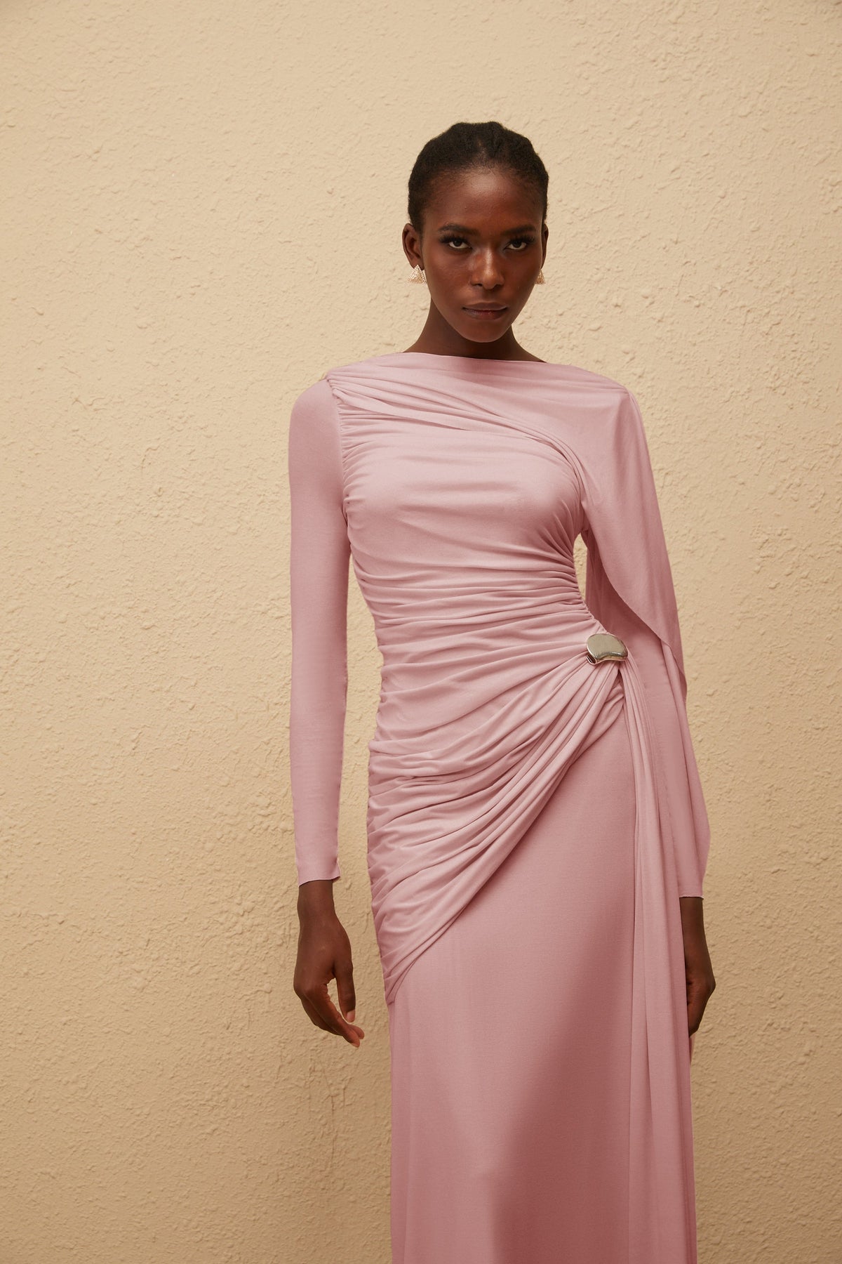 Paloma Pink Asymmetrical Ruched Knit Maxi Dress (Final Sale)