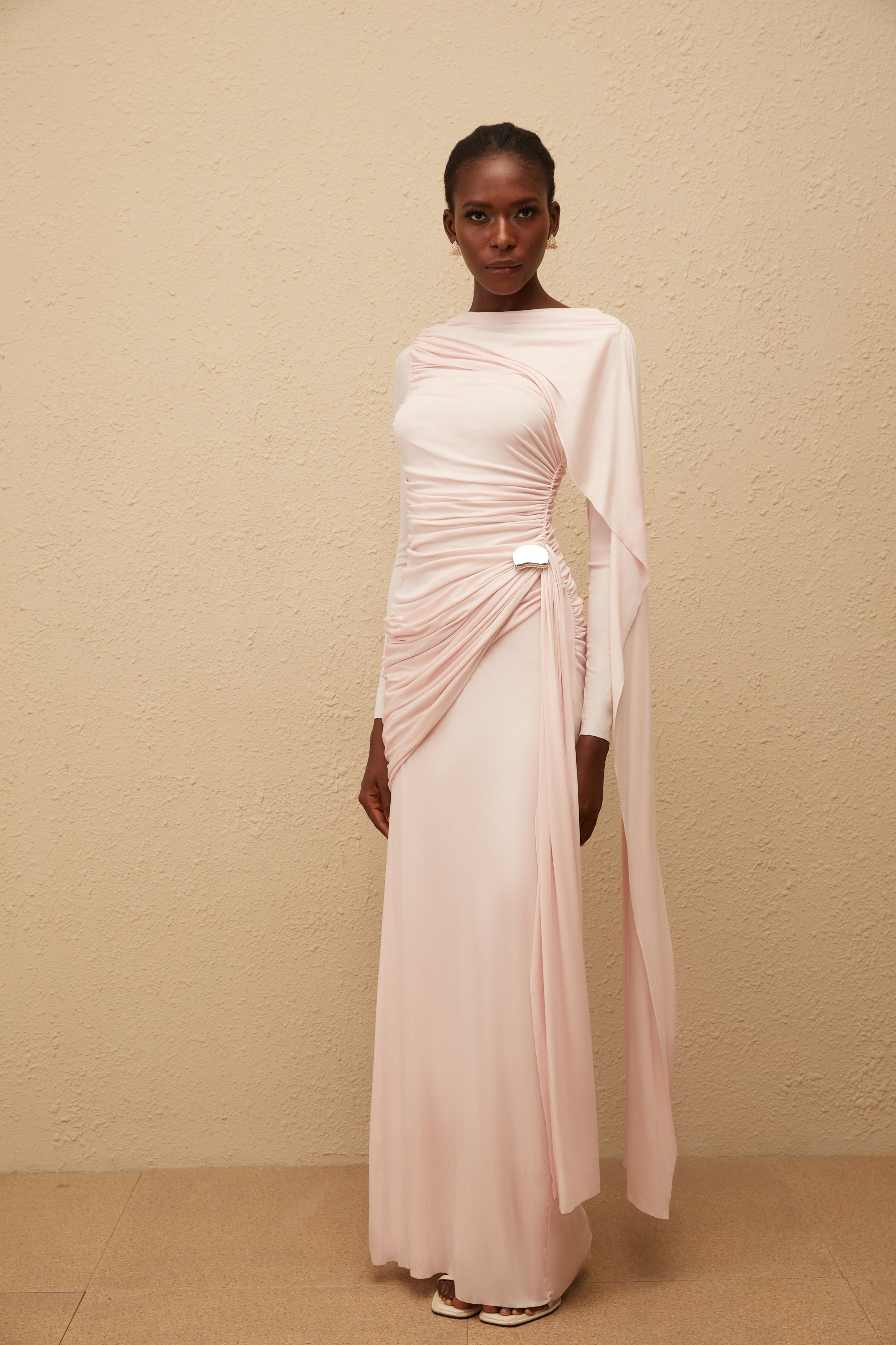 Paloma Pink Asymmetrical Ruched Knit Maxi Dress