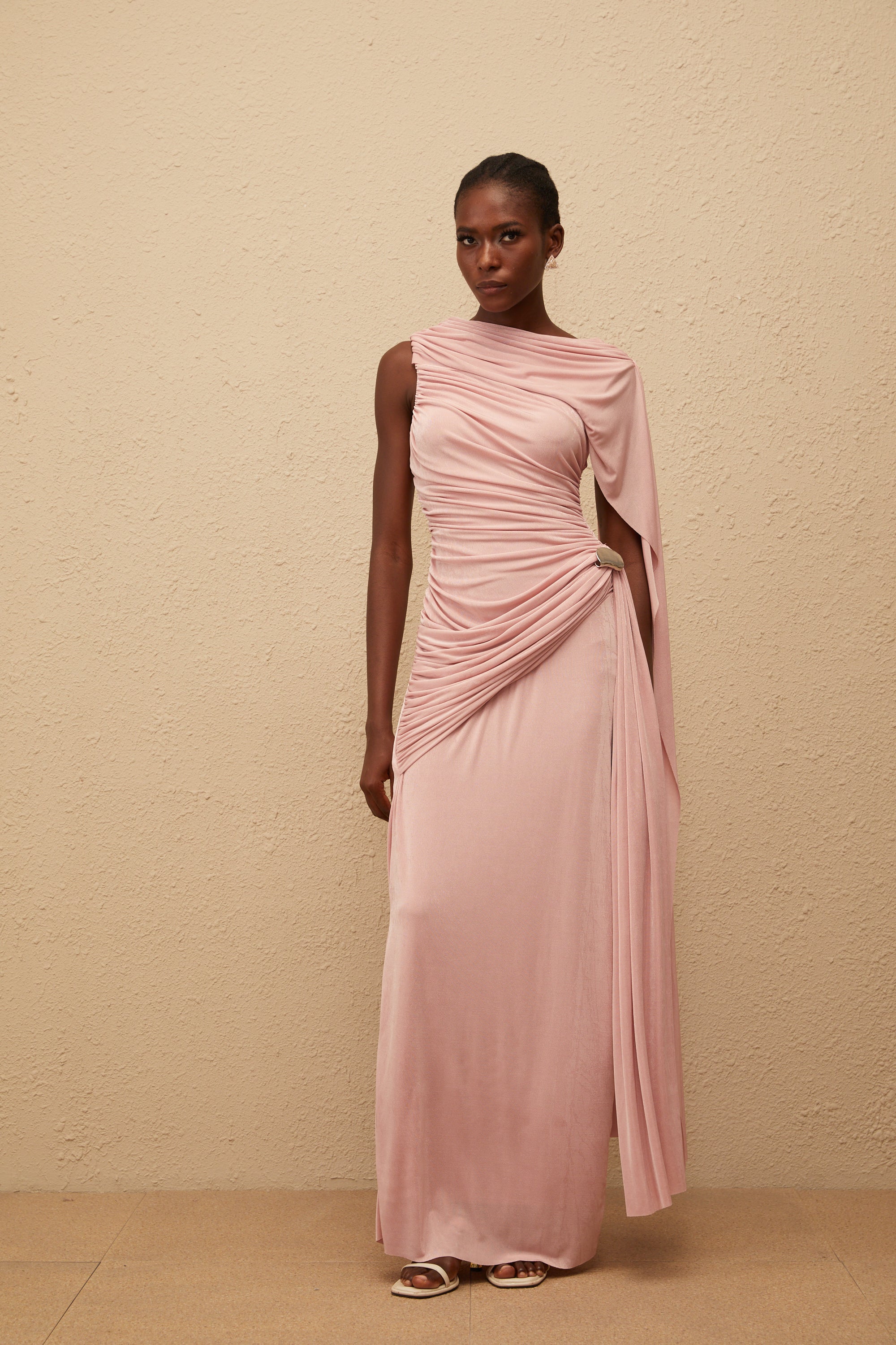 Paloma Pink Sleeveless Asymmetrical Ruched Knit Maxi Dress