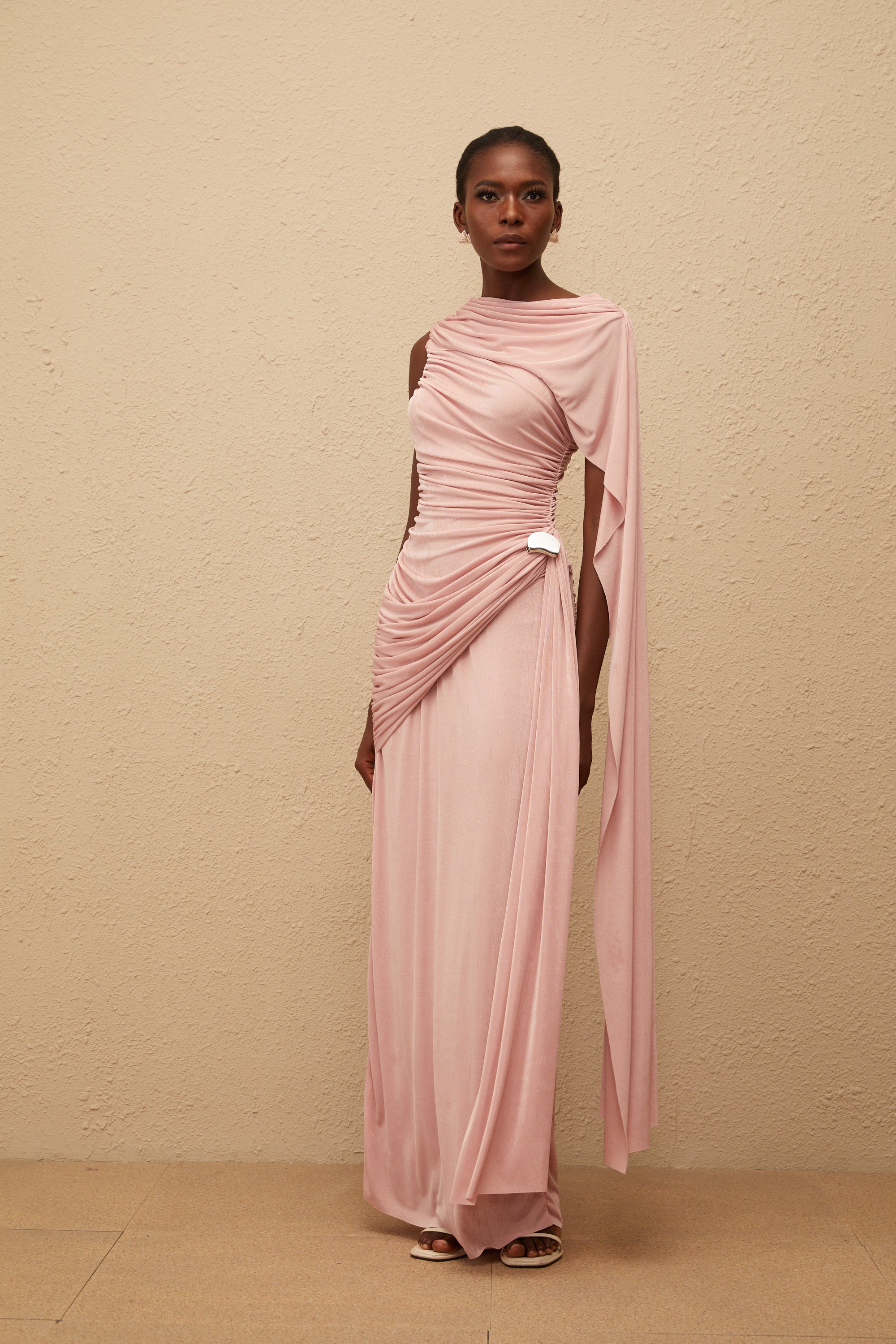 Paloma Pink Sleeveless Asymmetrical Ruched Knit Maxi Dress