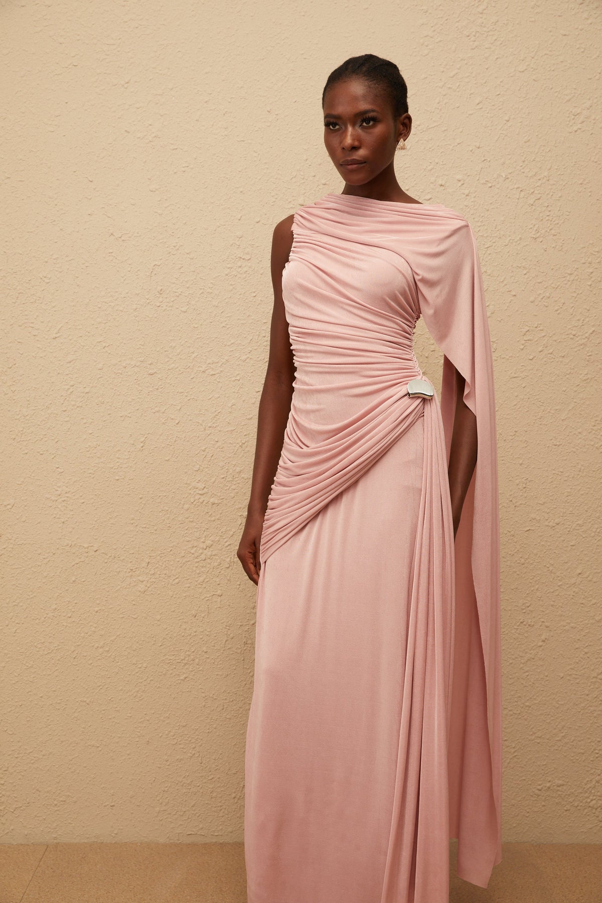 Paloma Pink Sleeveless Asymmetrical Ruched Knit Maxi Dress (Final Sale-US Only)
