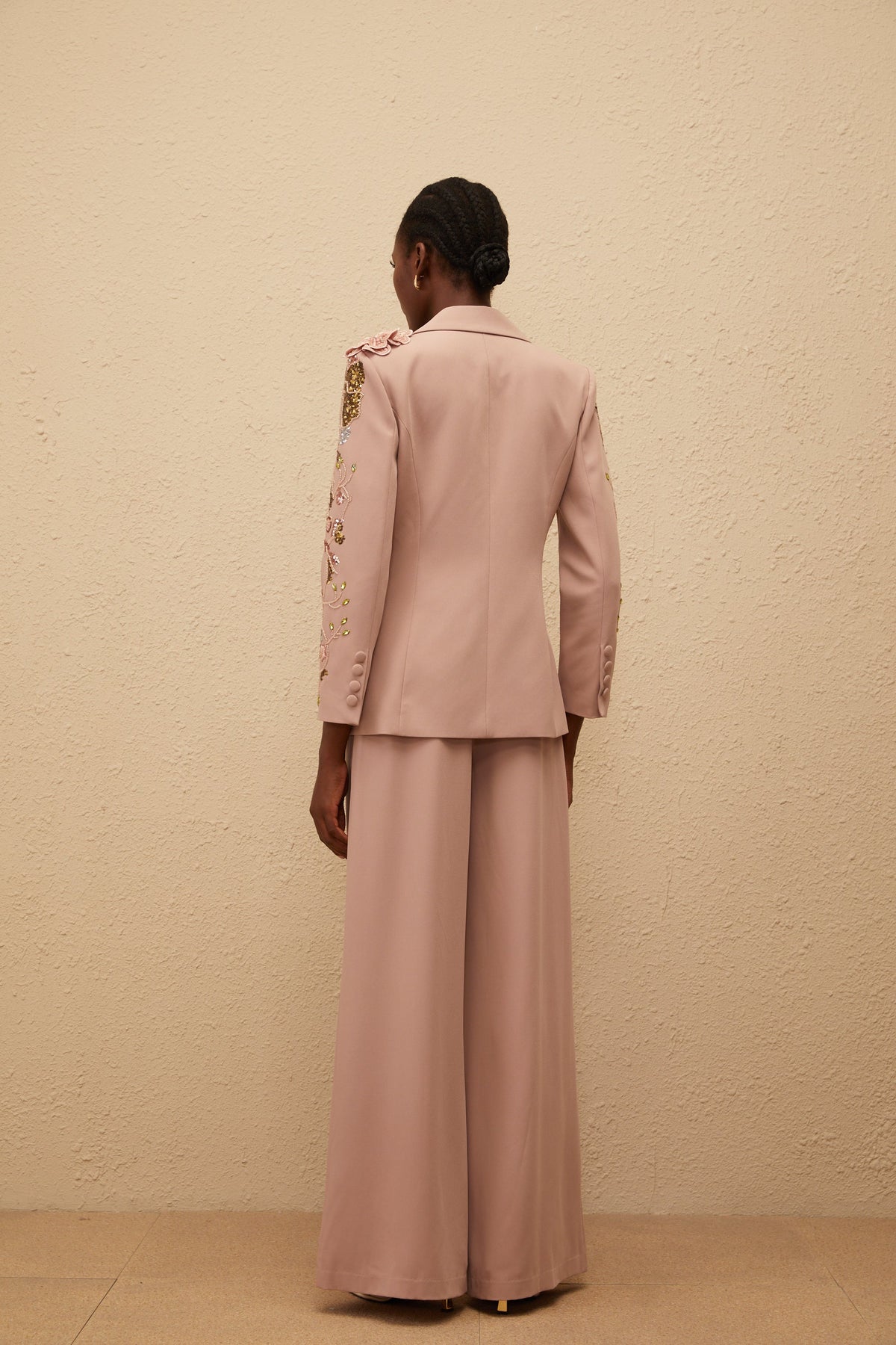 Morgane Dusty Pink Sequined Floral Blazer & Trousers Set (Final Sale-US Only)