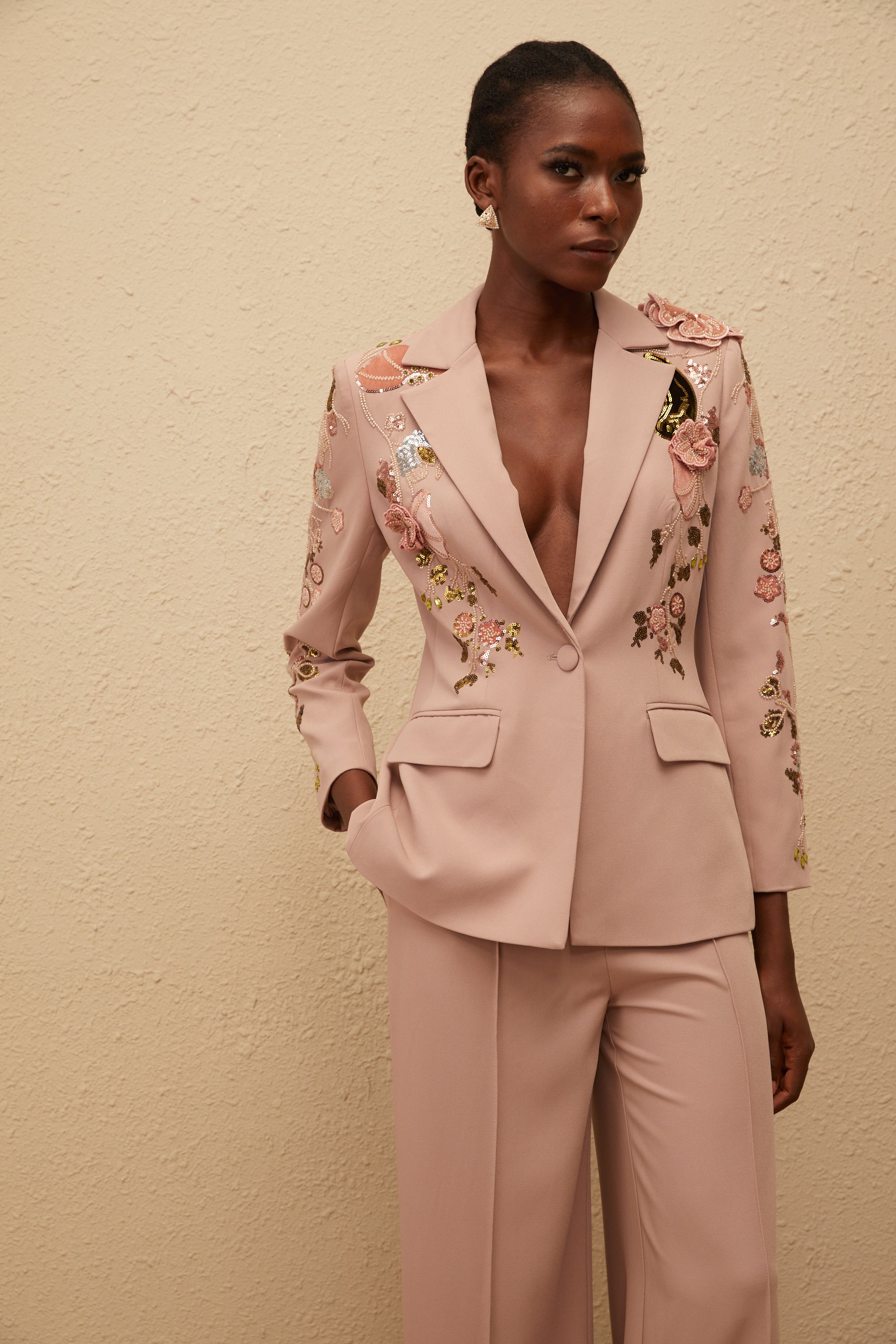 Morgane Dusty Pink Sequined Floral Blazer & Trousers Set (Final Sale-US Only)