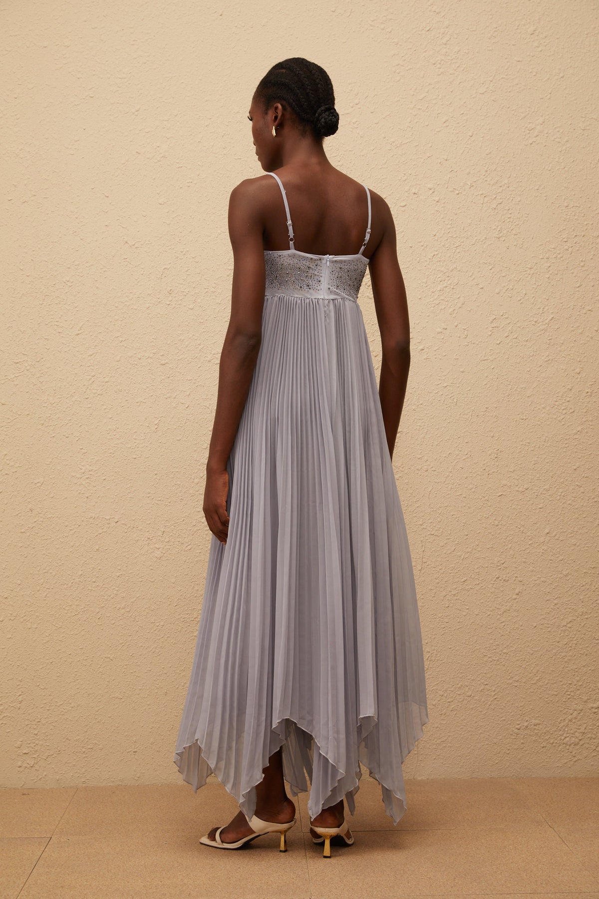 Léa Grey Rhinestone Embellished Pleated Maxi Dress