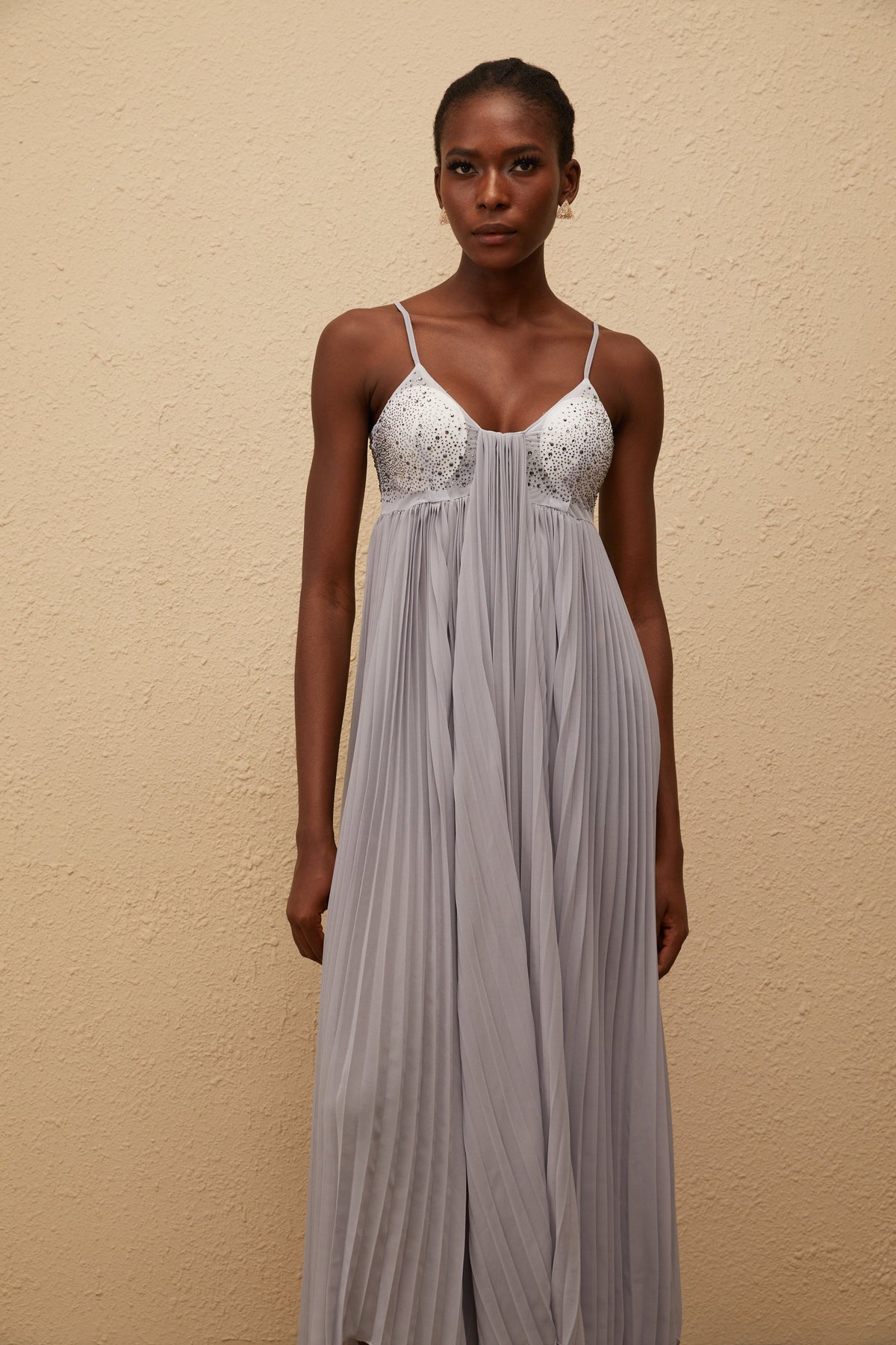 Léa Grey Rhinestone Embellished Pleated Maxi Dress