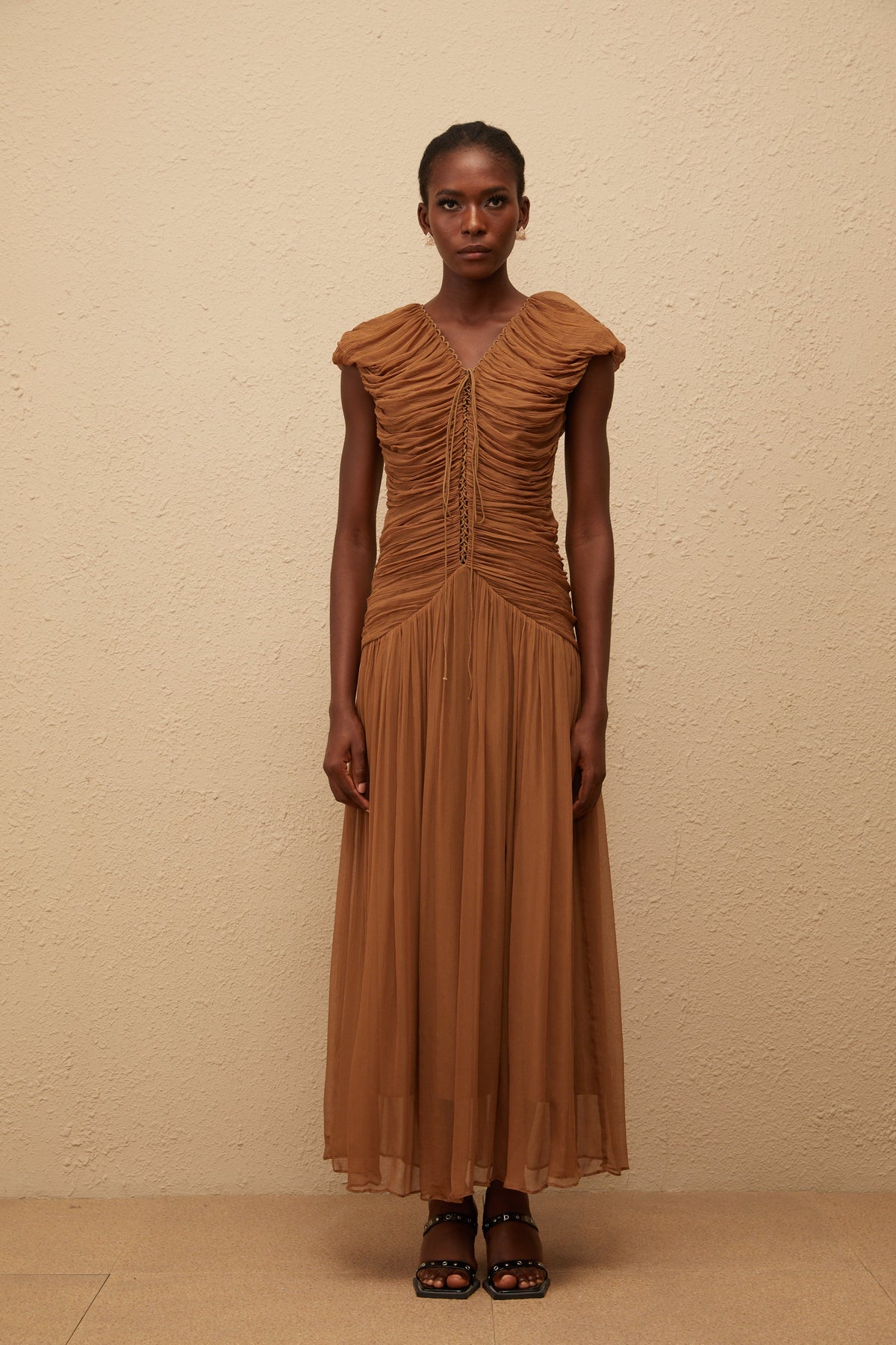 Vérane Brown Ruched Chiffon Maxi Dress