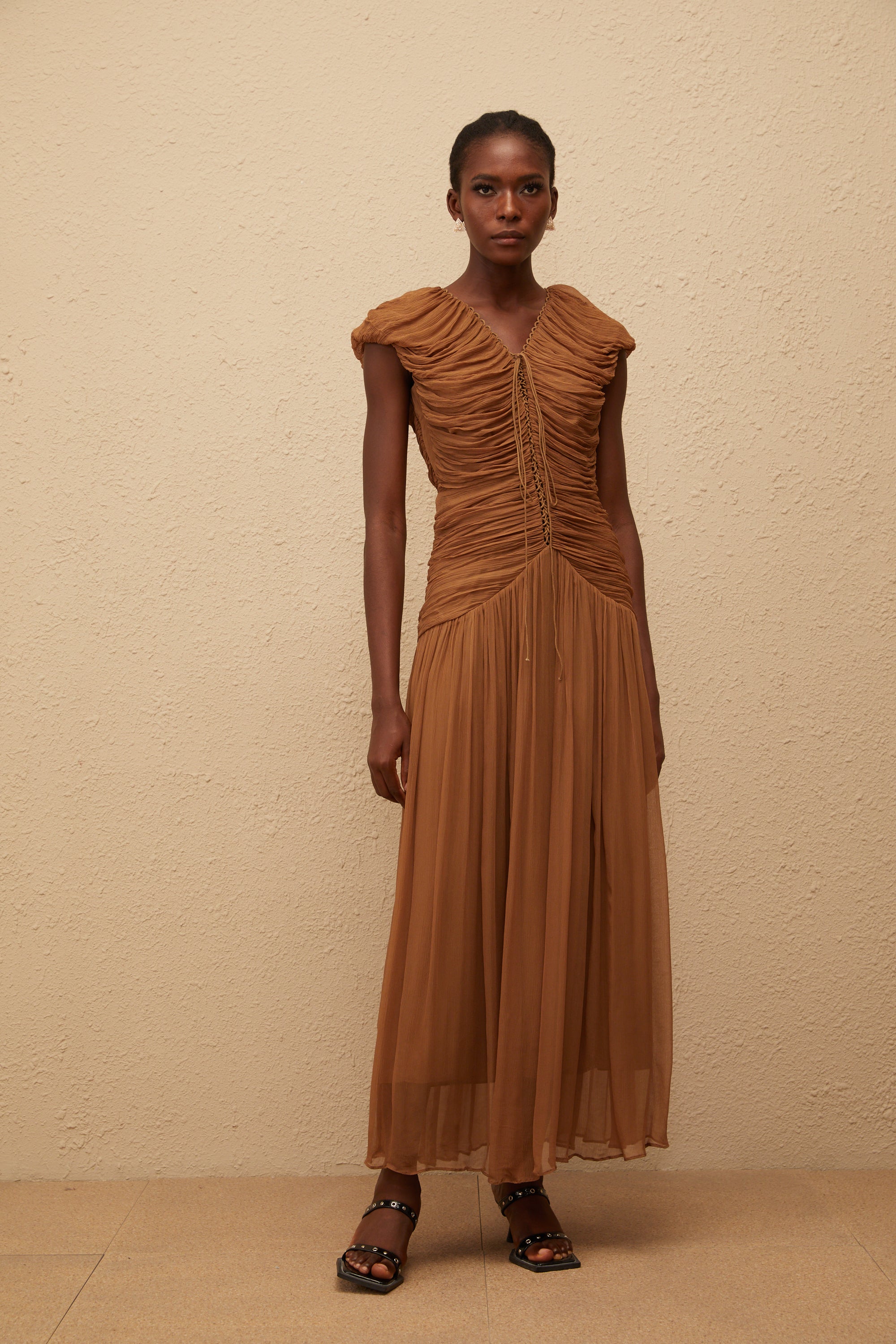 Vérane Brown Ruched Chiffon Maxi Dress