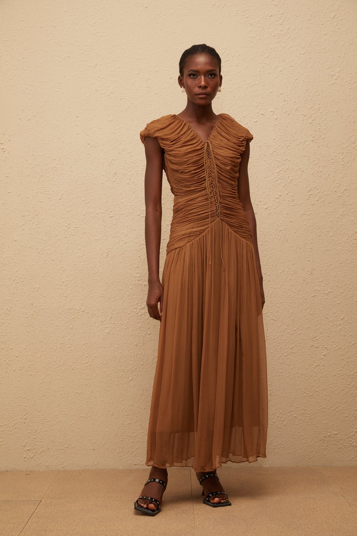 Vérane Brown Ruched Chiffon Maxi Dress
