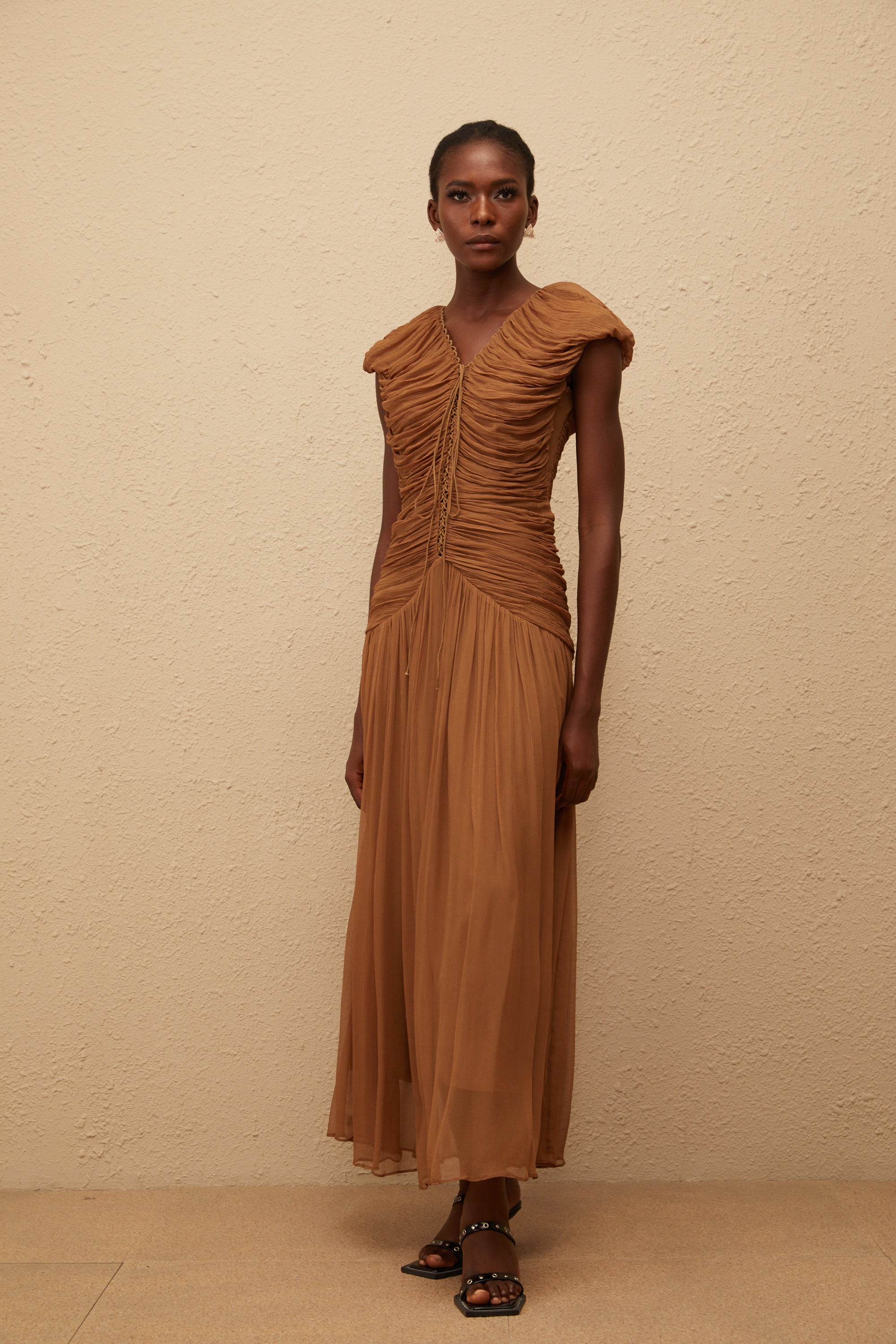 Vérane Brown Ruched Chiffon Maxi Dress
