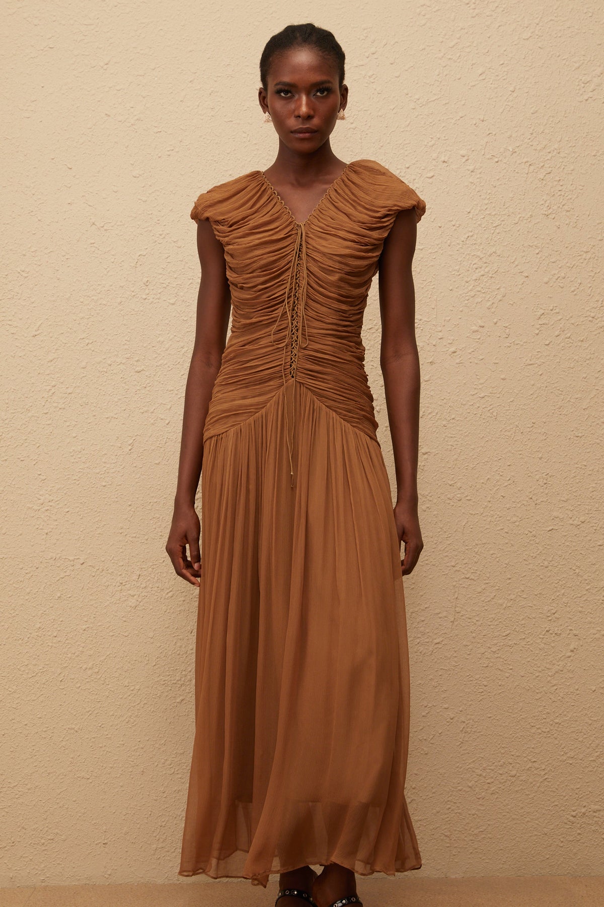 Vérane Brown Ruched Chiffon Maxi Dress