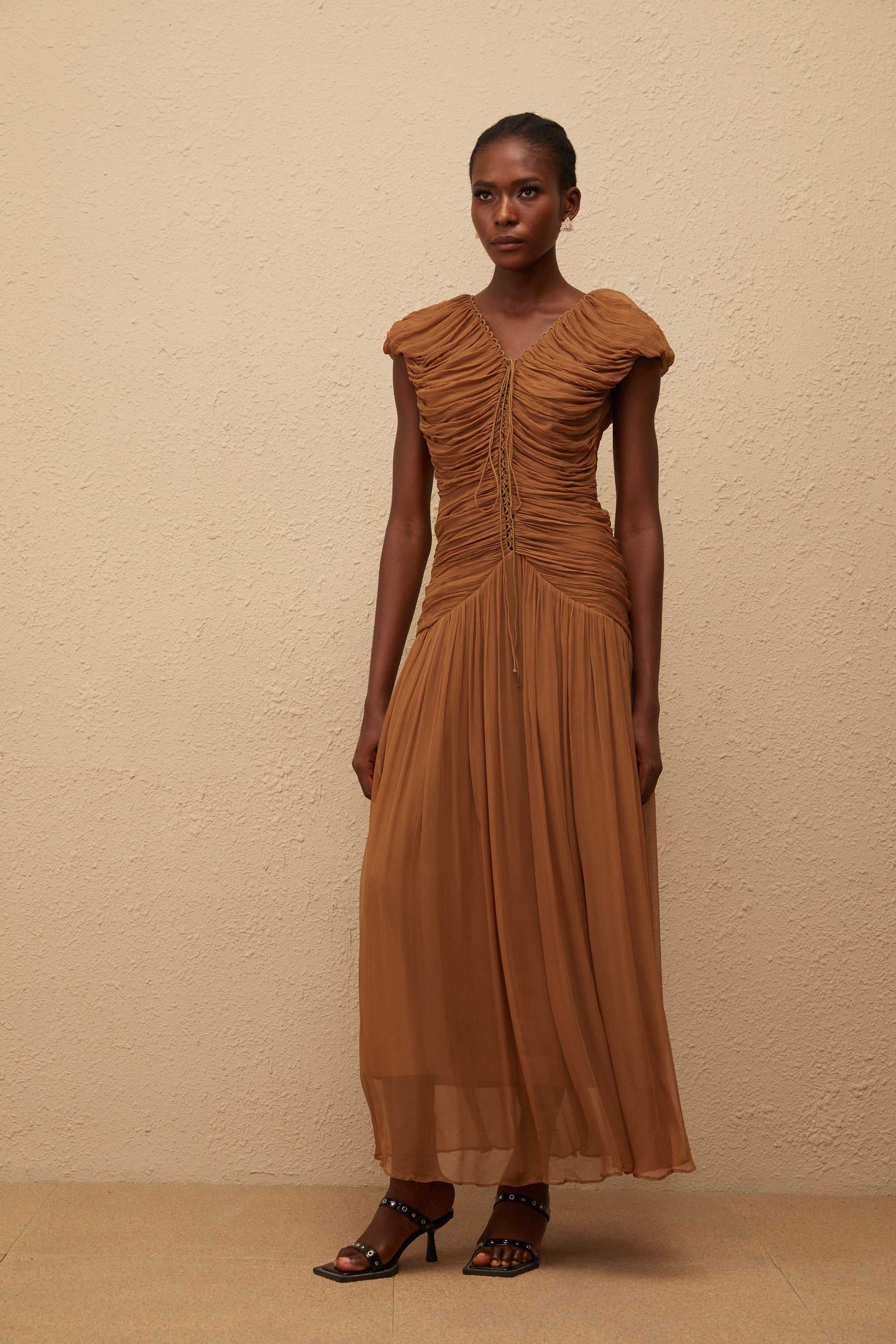 Vérane Brown Ruched Chiffon Maxi Dress